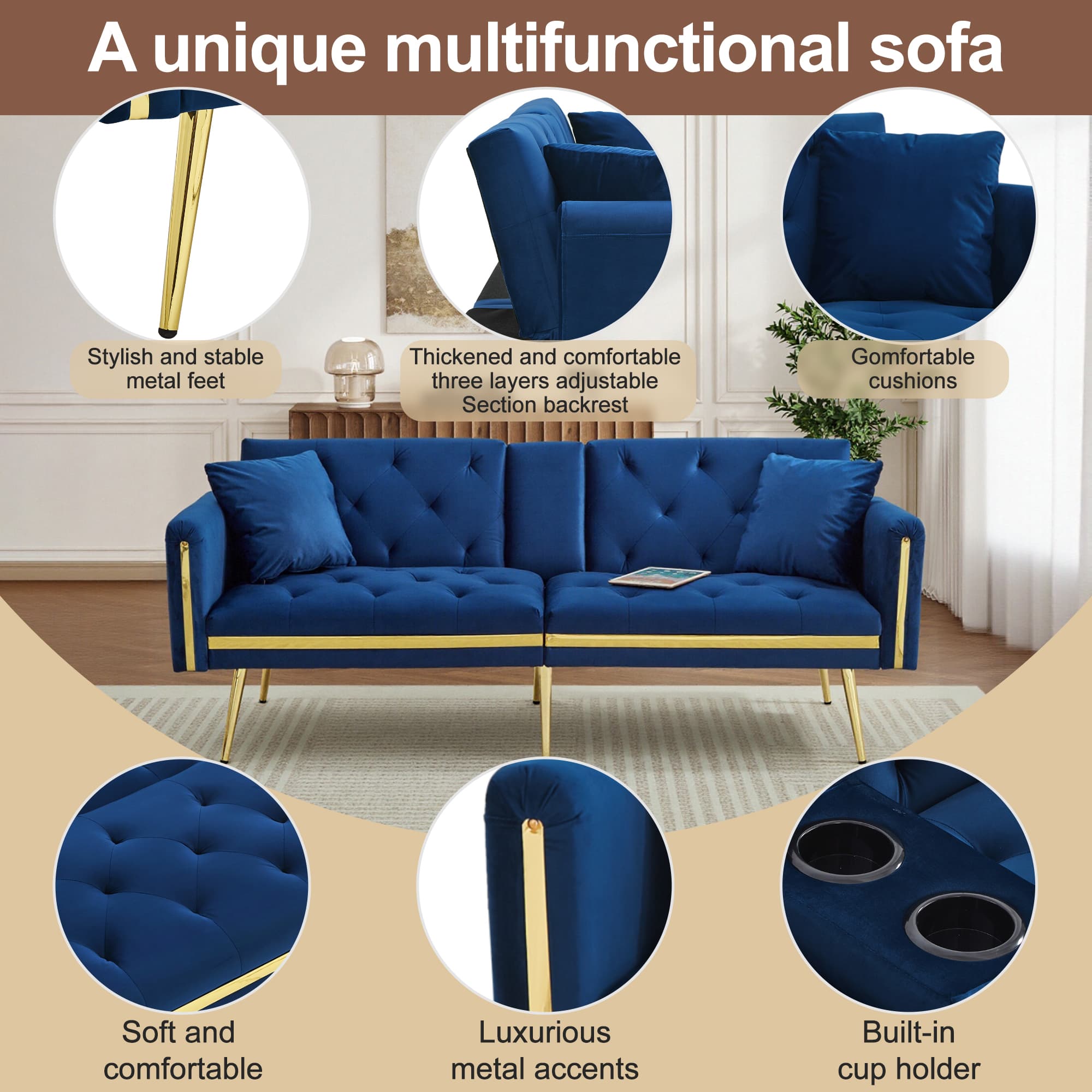 Navy Velvet Sofa Bed That Converts to a Flat Sleeping Surface - image 7