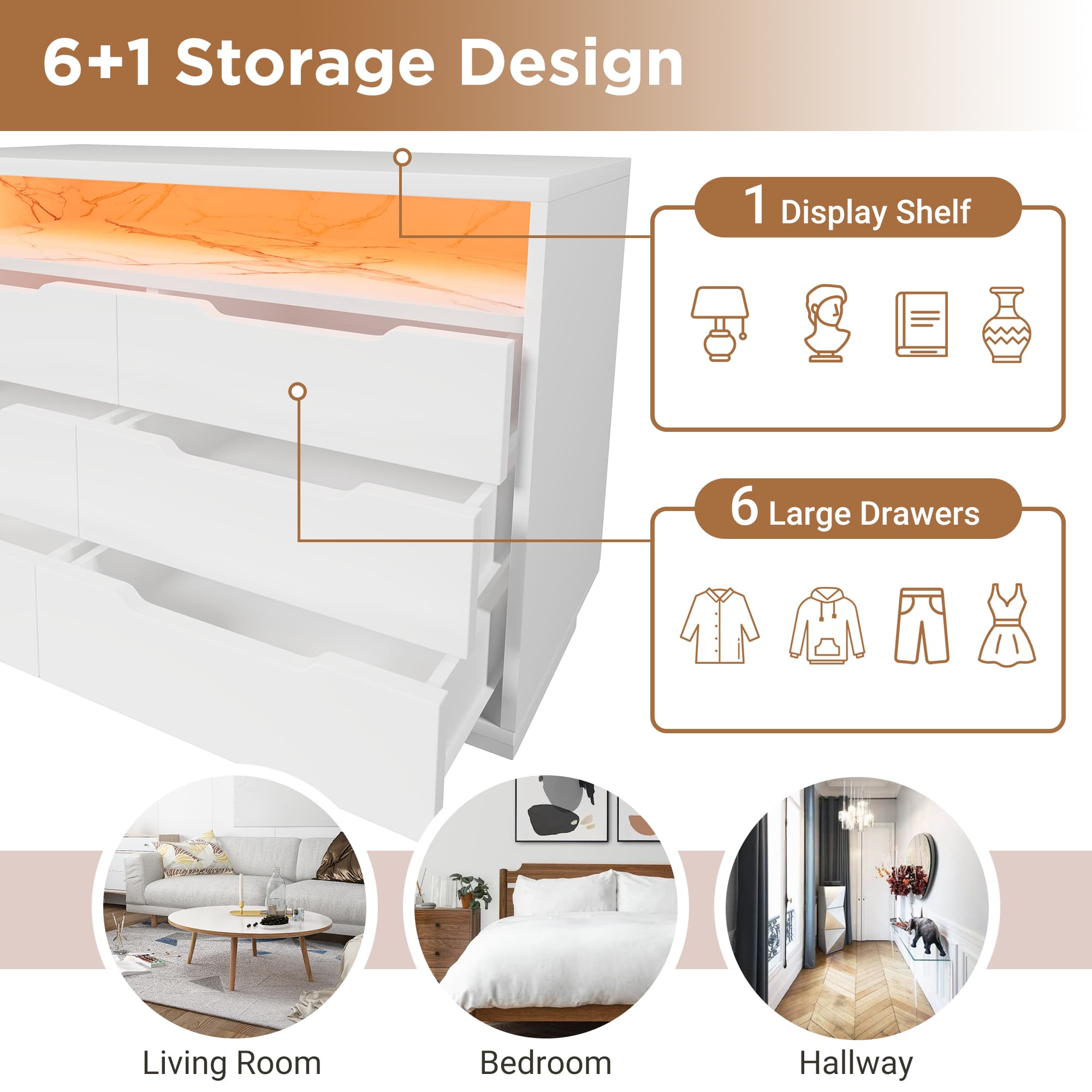 Effortless Storage: White Marbled 6-Drawer LED Sideboard - image 2
