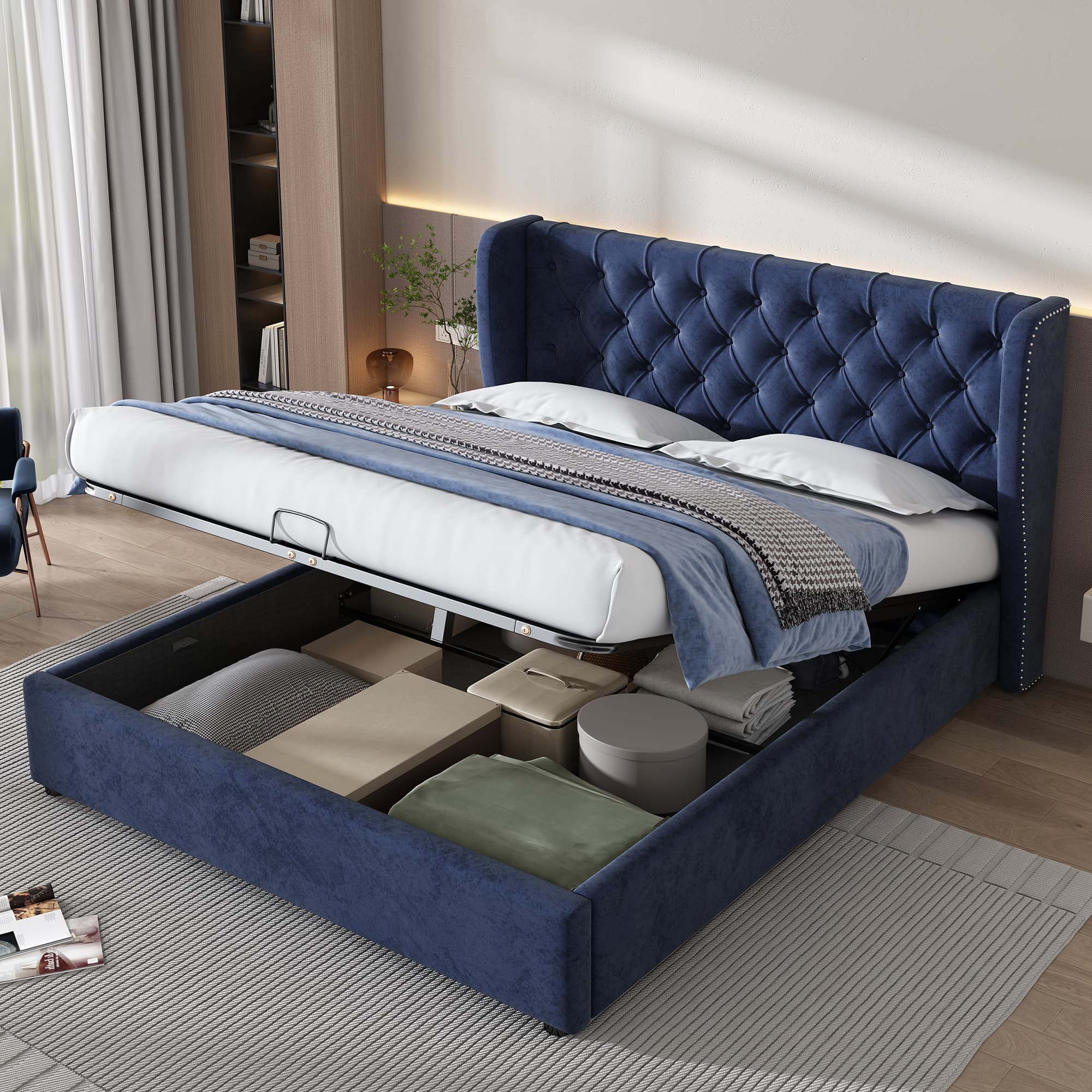 Blue Velvet Ottoman Bed with Effortless Hydraulic Storage