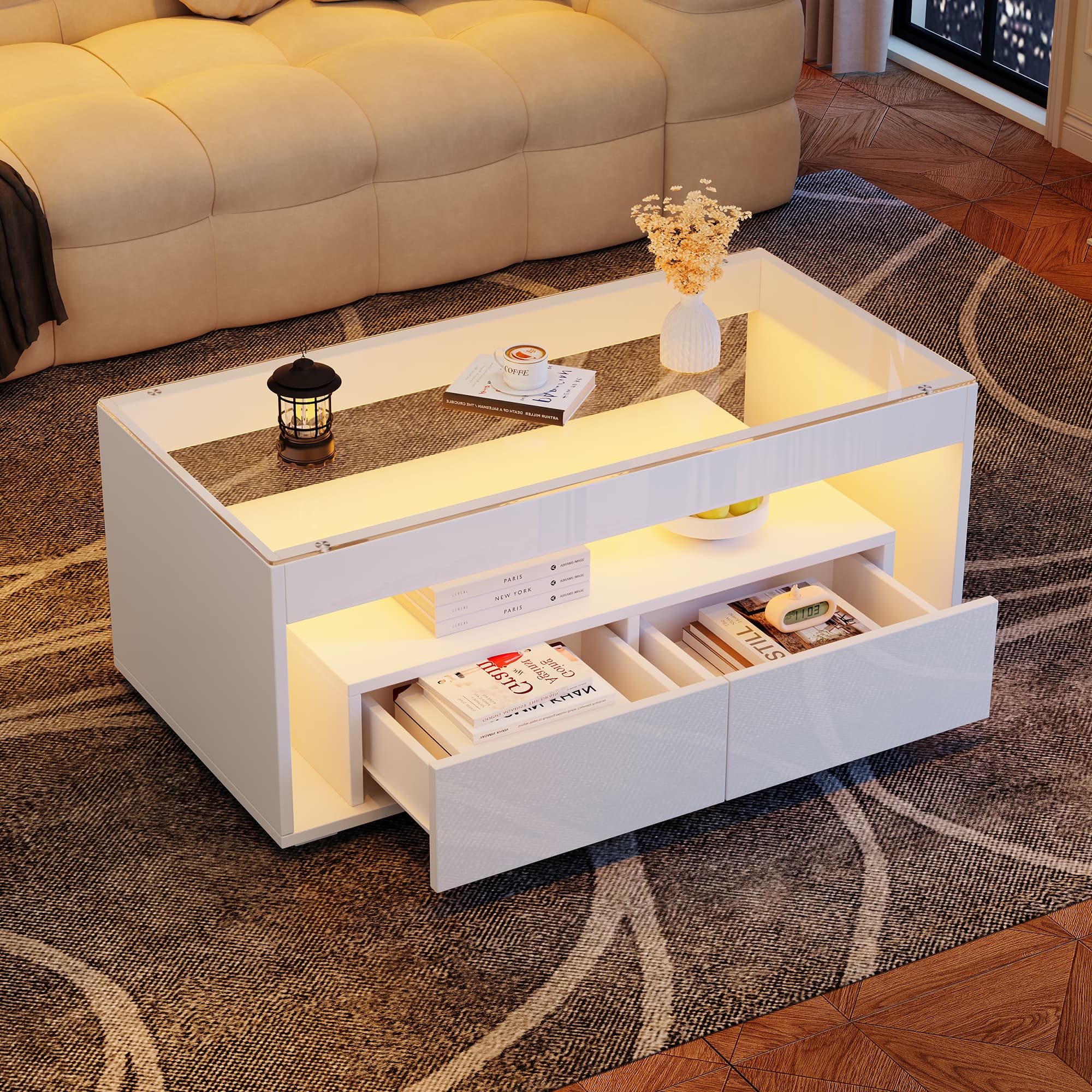 Modern White Coffee Table with App-Controlled LED Lights