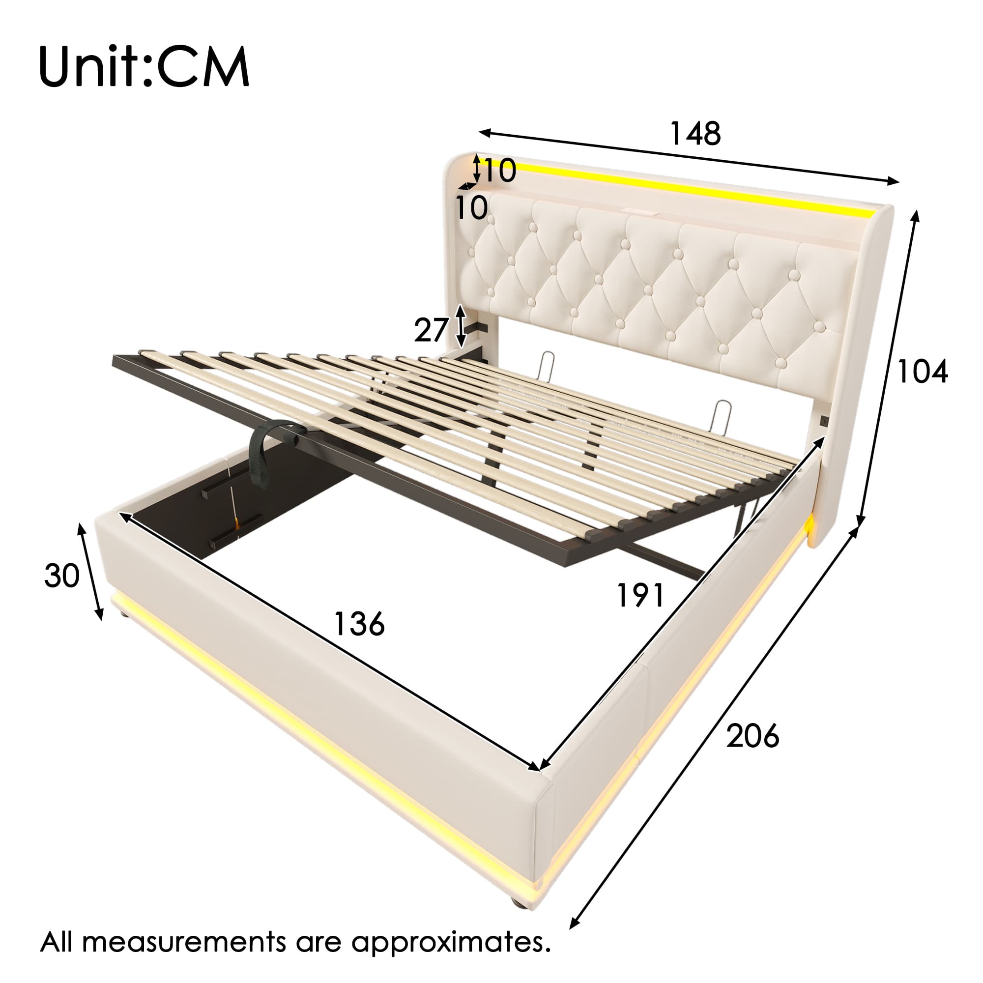 Smart Ottoman Bed with 360° LEDs, Charging & Storage - image 5