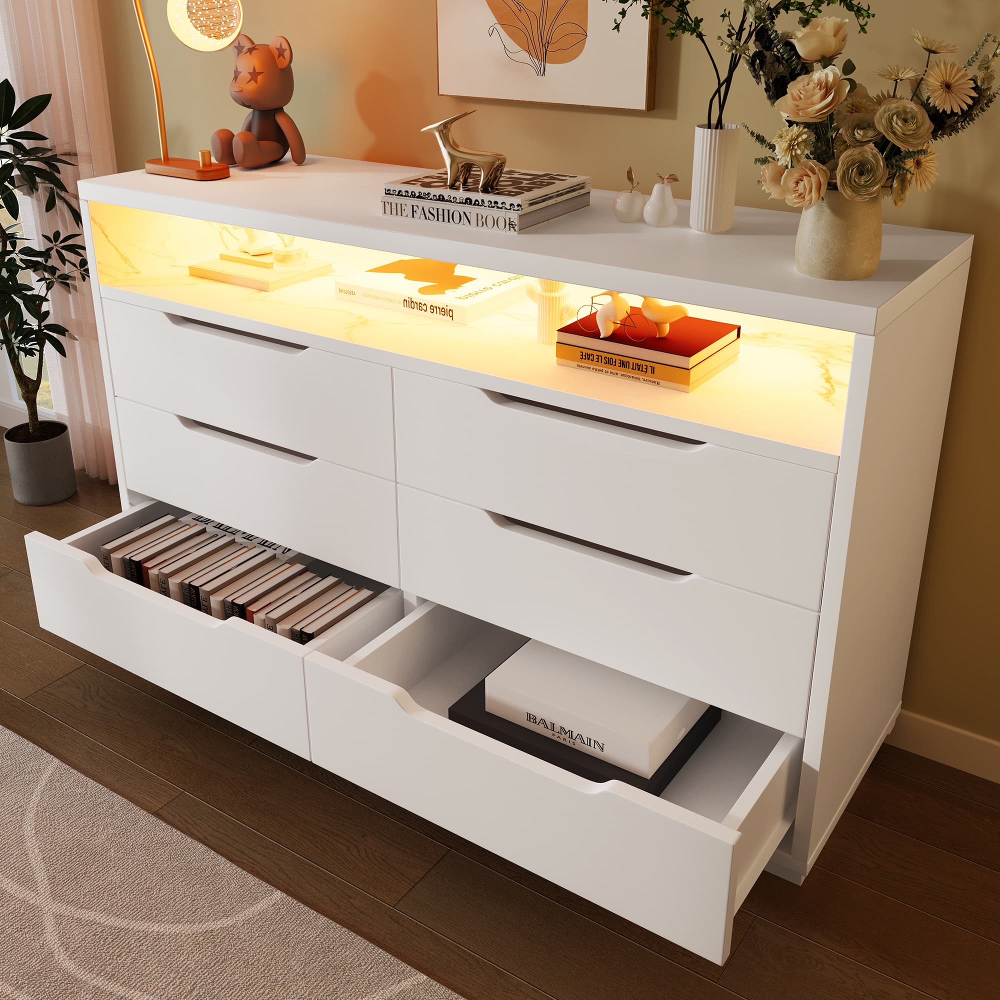 Effortless Storage: White Marbled 6-Drawer LED Sideboard - image 4