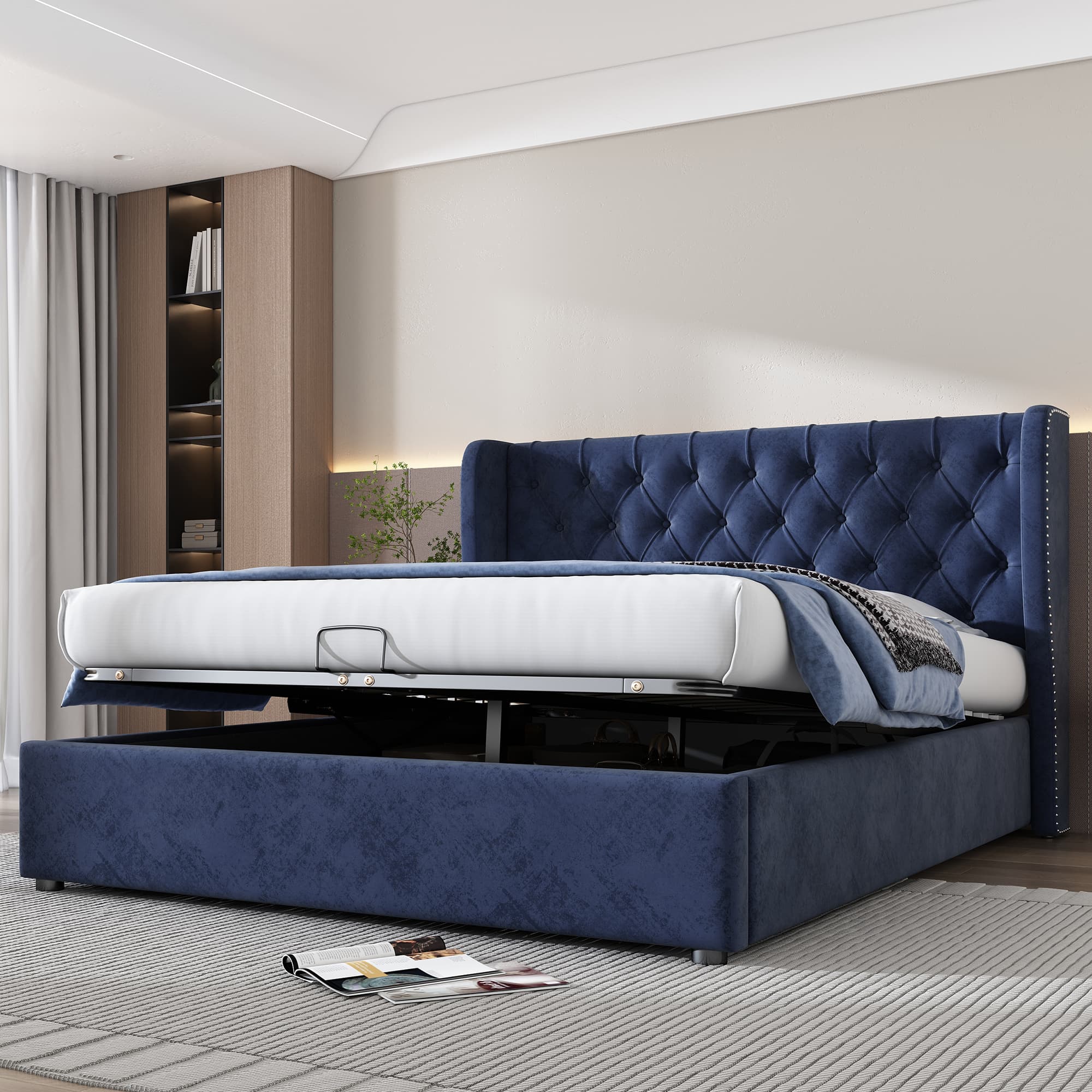 Blue Velvet Ottoman Bed with Effortless Hydraulic Storage - image 3
