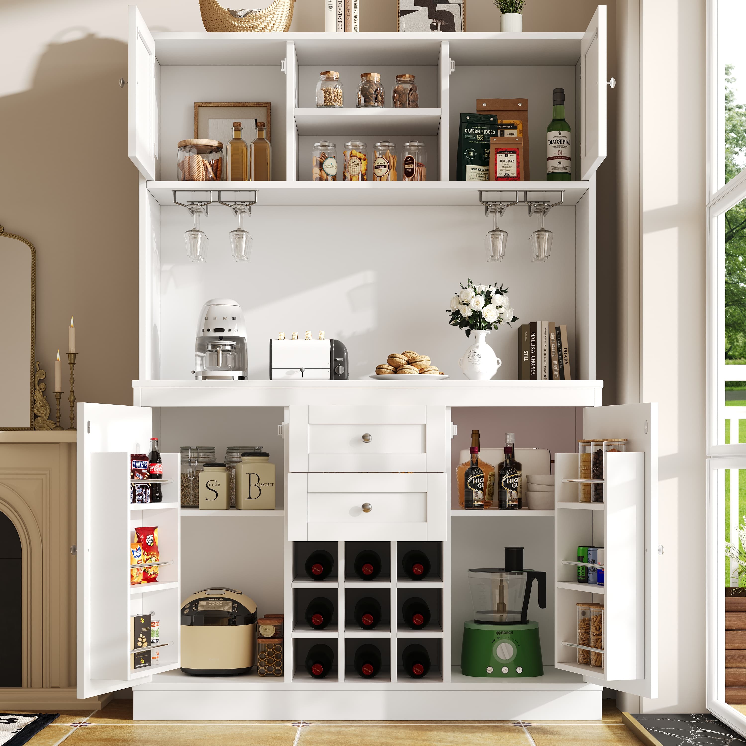 Elegant Tall Kitchen Cabinet with Wine Rack & Storage - image 5