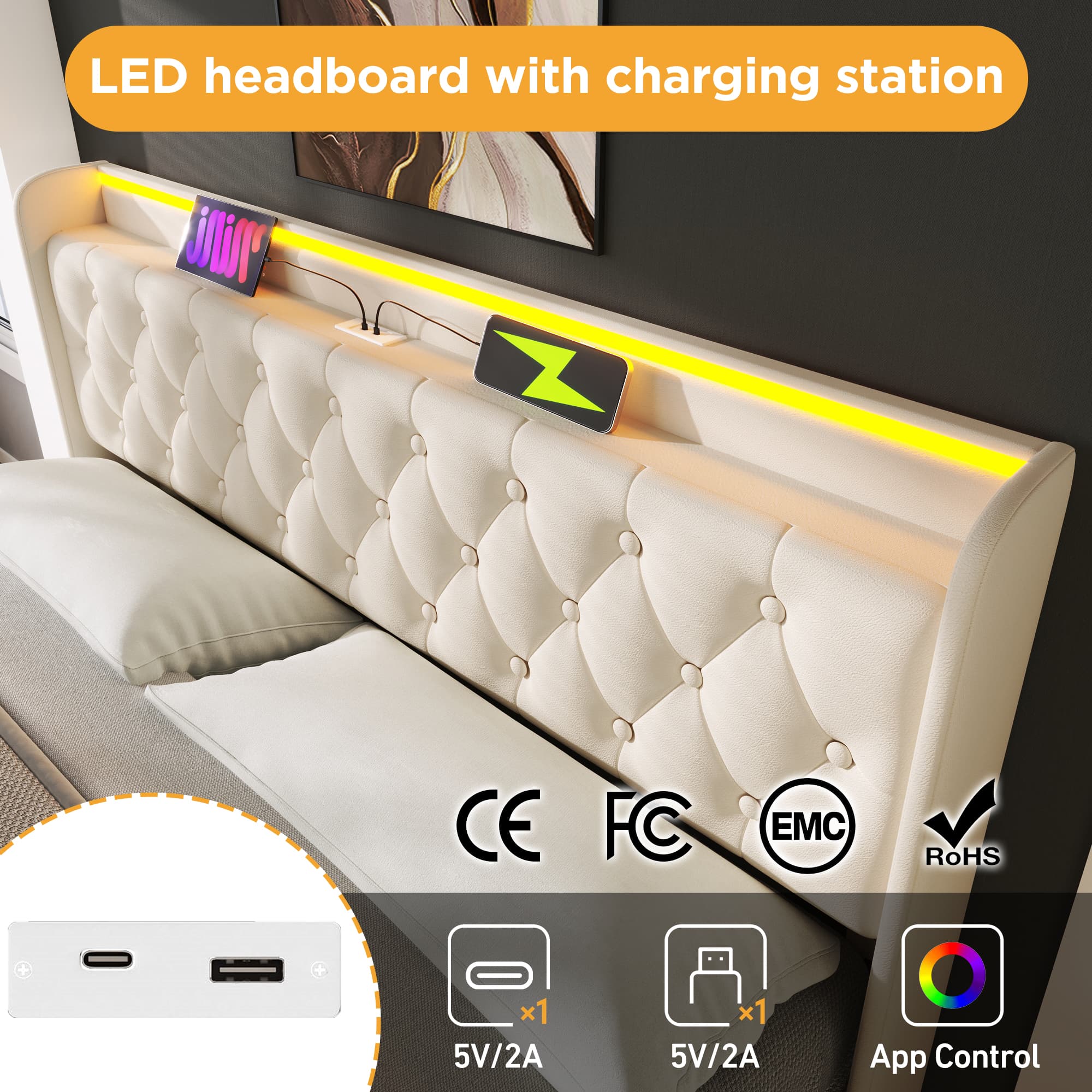 Smart Ottoman Bed with 360° LEDs, Charging & Storage - image 6