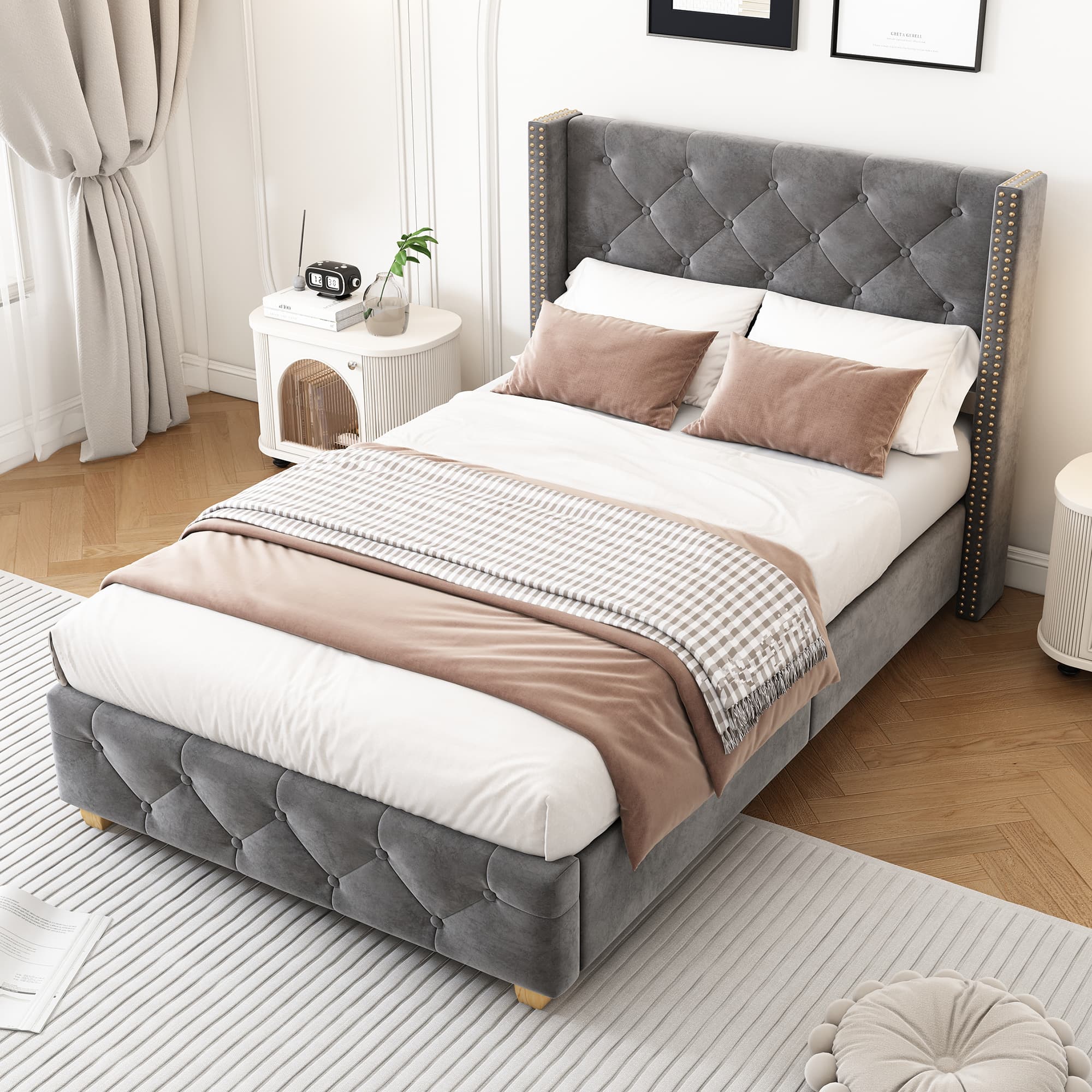 Elegant Velvet Single Bed with Button & Rivet Detailing - image 2