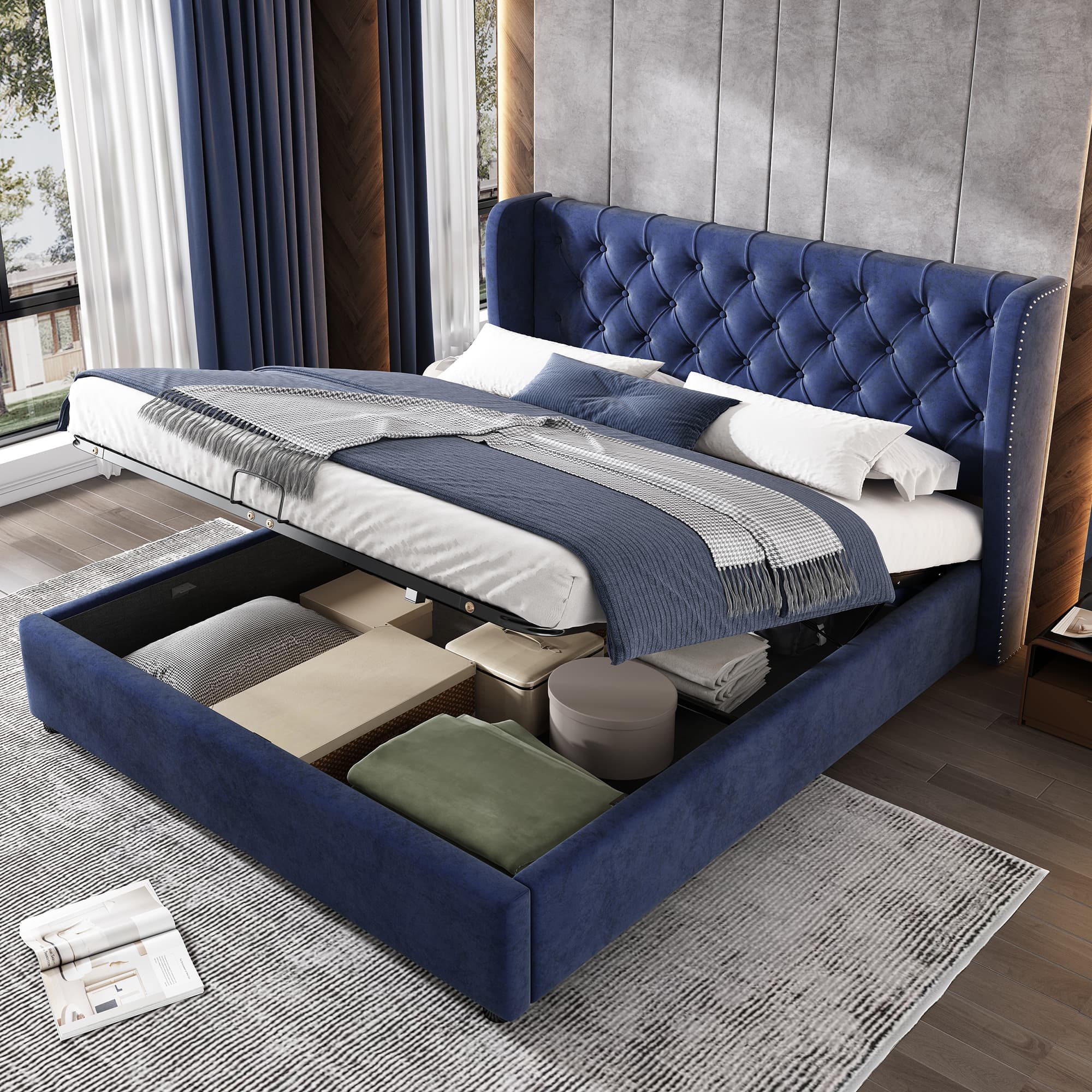 Blue Velvet Ottoman Bed with Effortless Hydraulic Storage - image 6