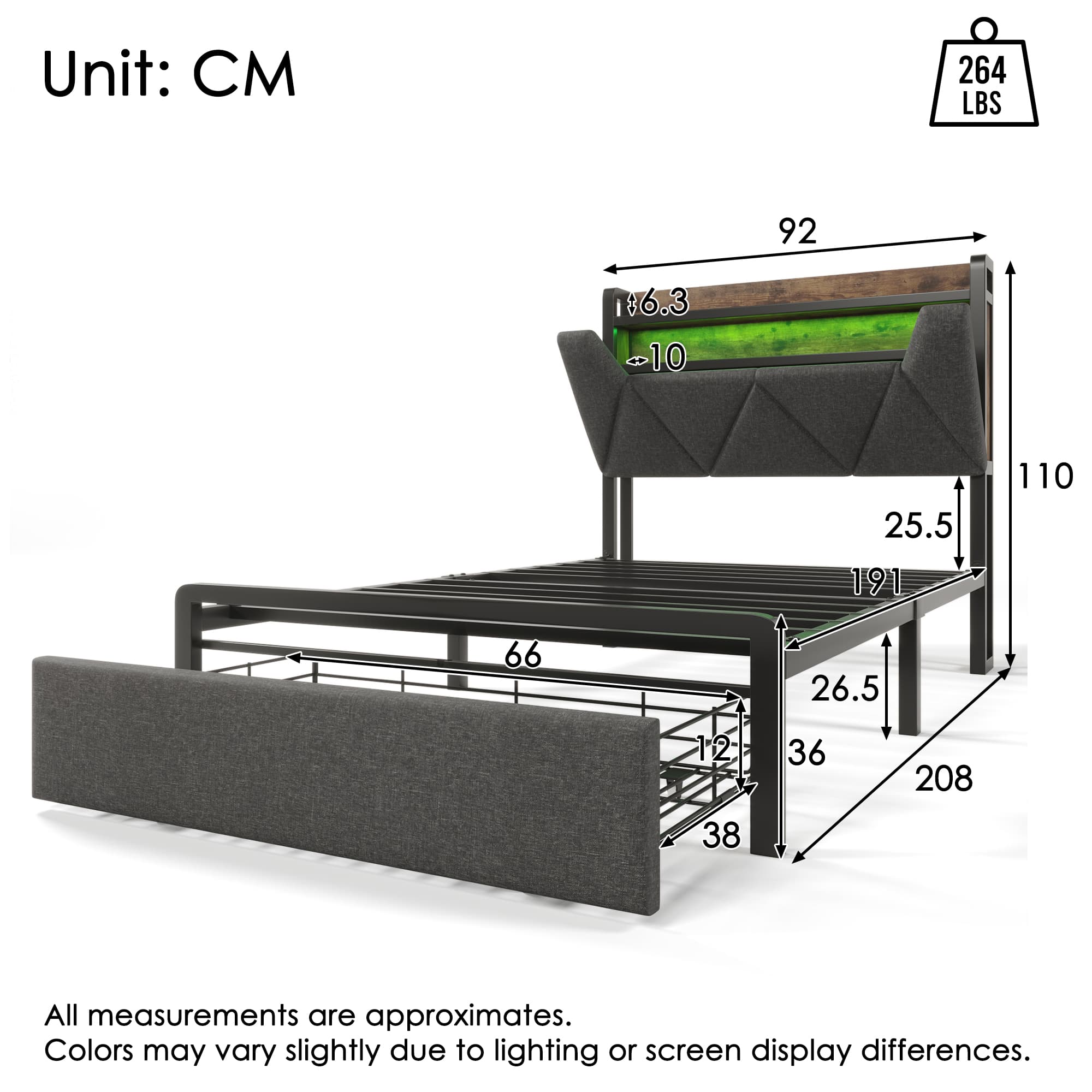 Single Bed with LED Headboard, USB Charging & Storage Drawers – Grey - image 1
