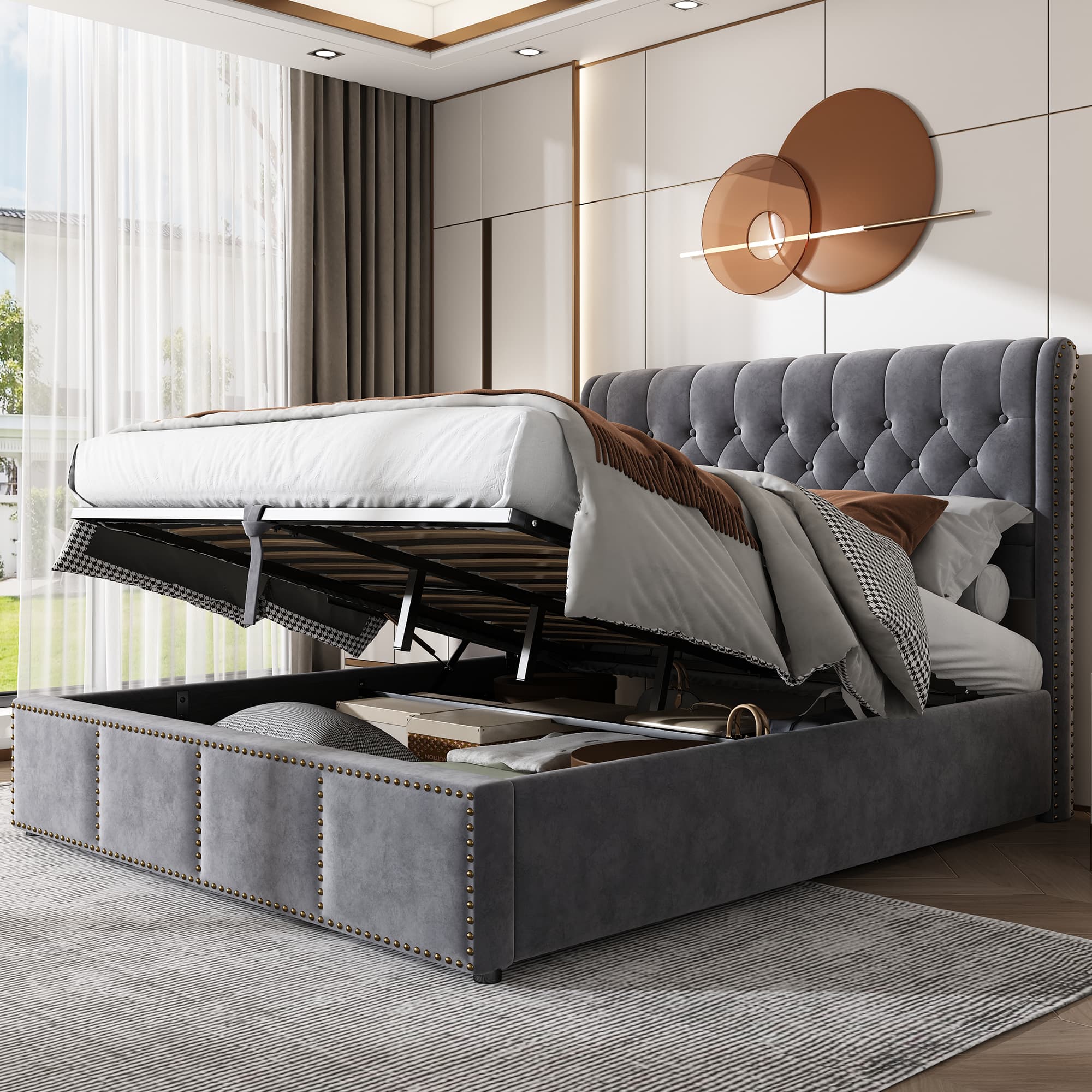 Effortless Storage & Style: Grey Velvet King Ottoman Bed