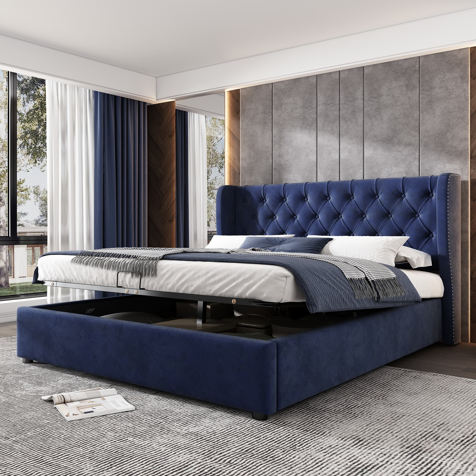 Blue Velvet Ottoman Bed with Effortless Hydraulic Storage - image 2