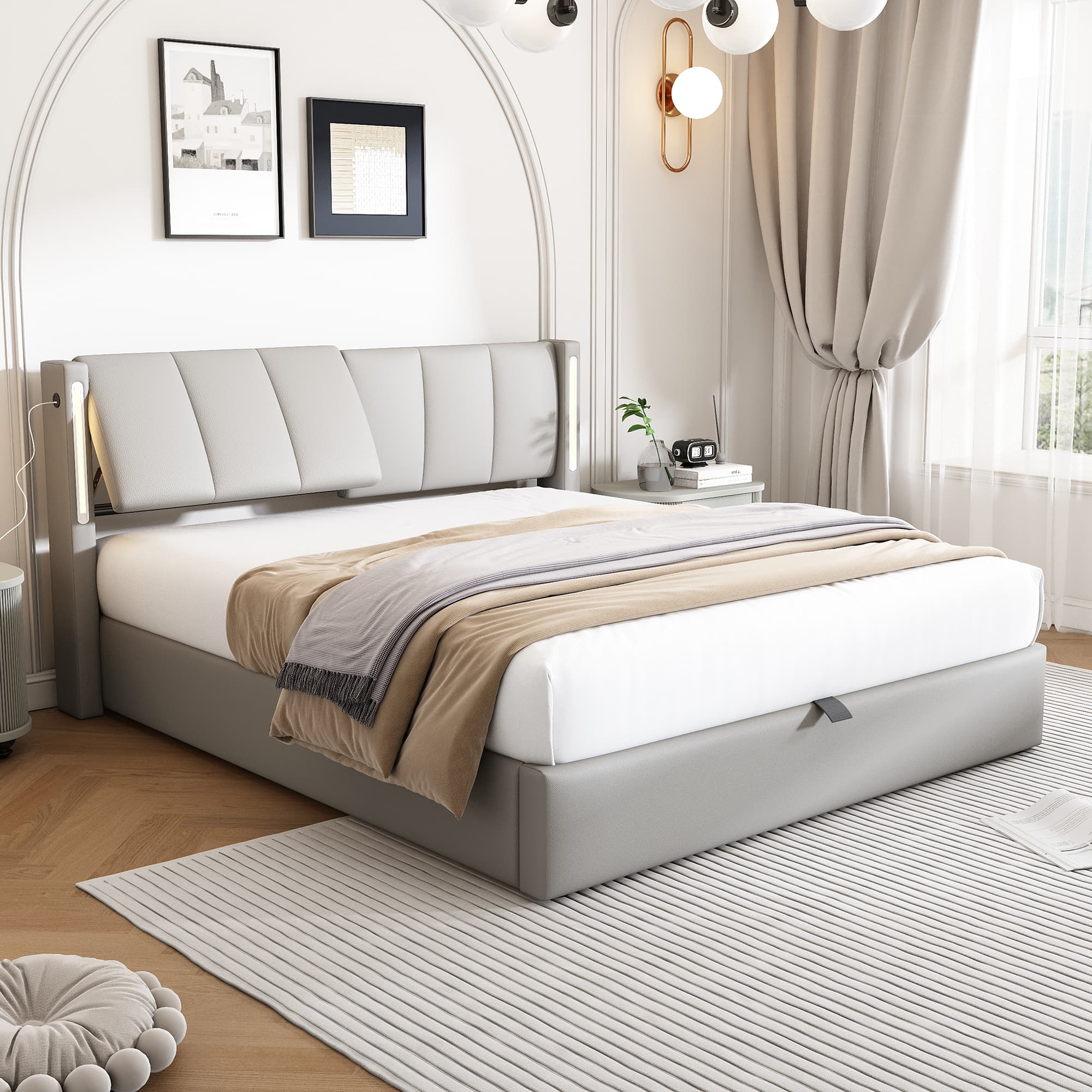 Smart Upholstered Bed with Storage, LEDs & USB Ports