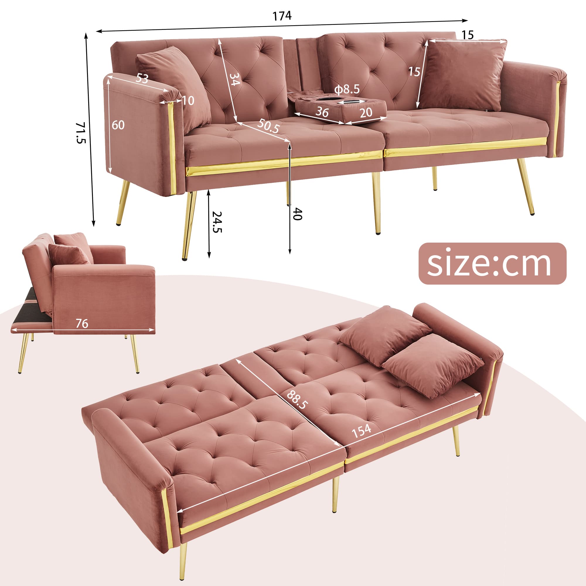 Effortless Comfort: Pink Velvet 2 Seater Sofa Bed - image 2