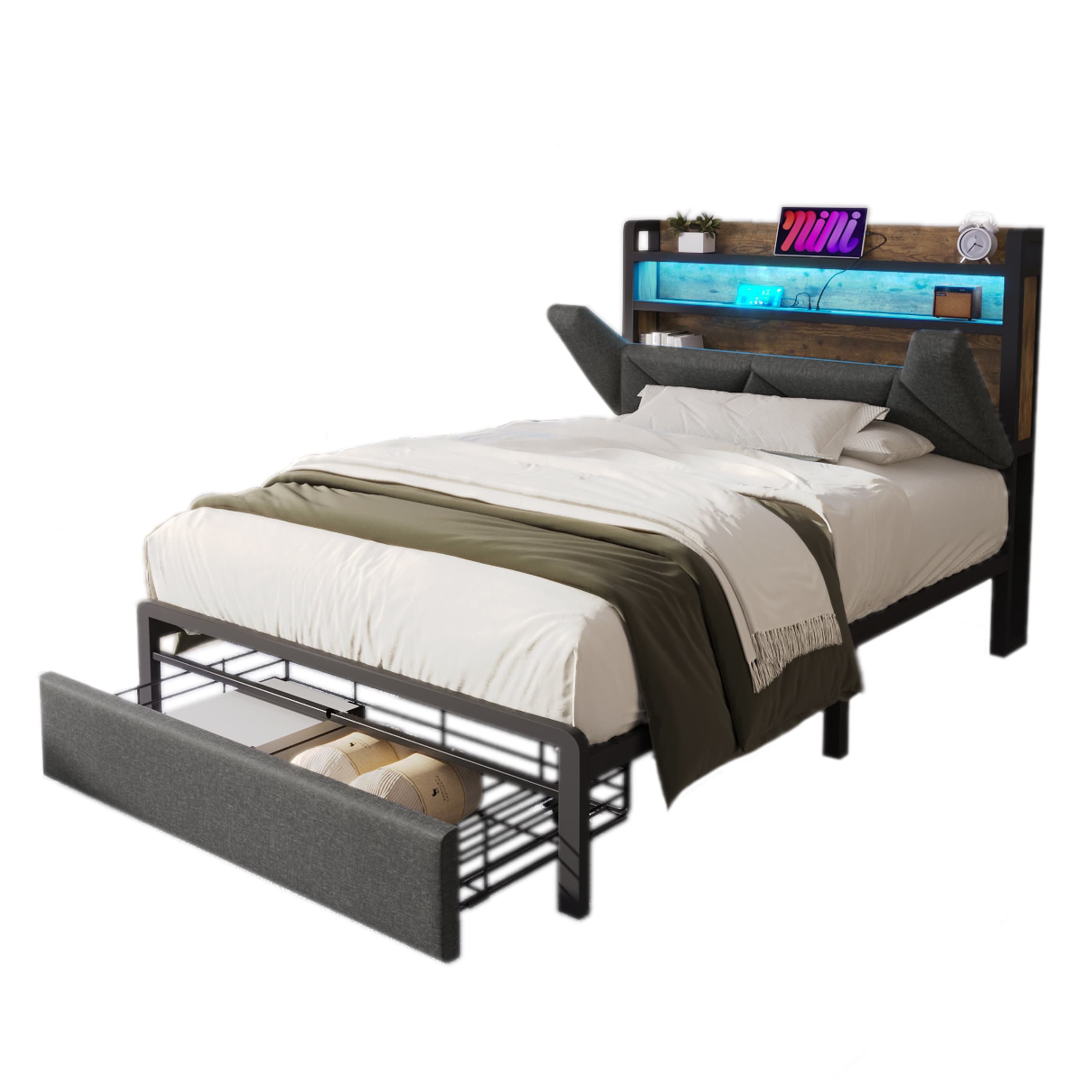 Single Bed with LED Headboard, USB Charging & Storage Drawers – Grey - image 6