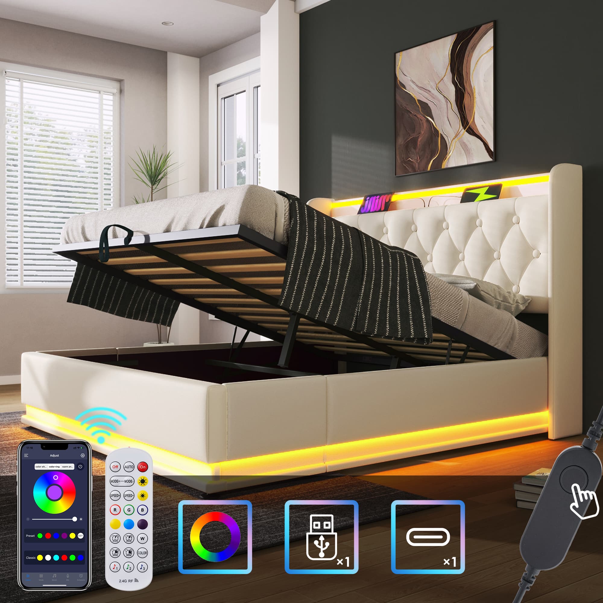 Smart Ottoman Bed with 360° LEDs, Charging & Storage