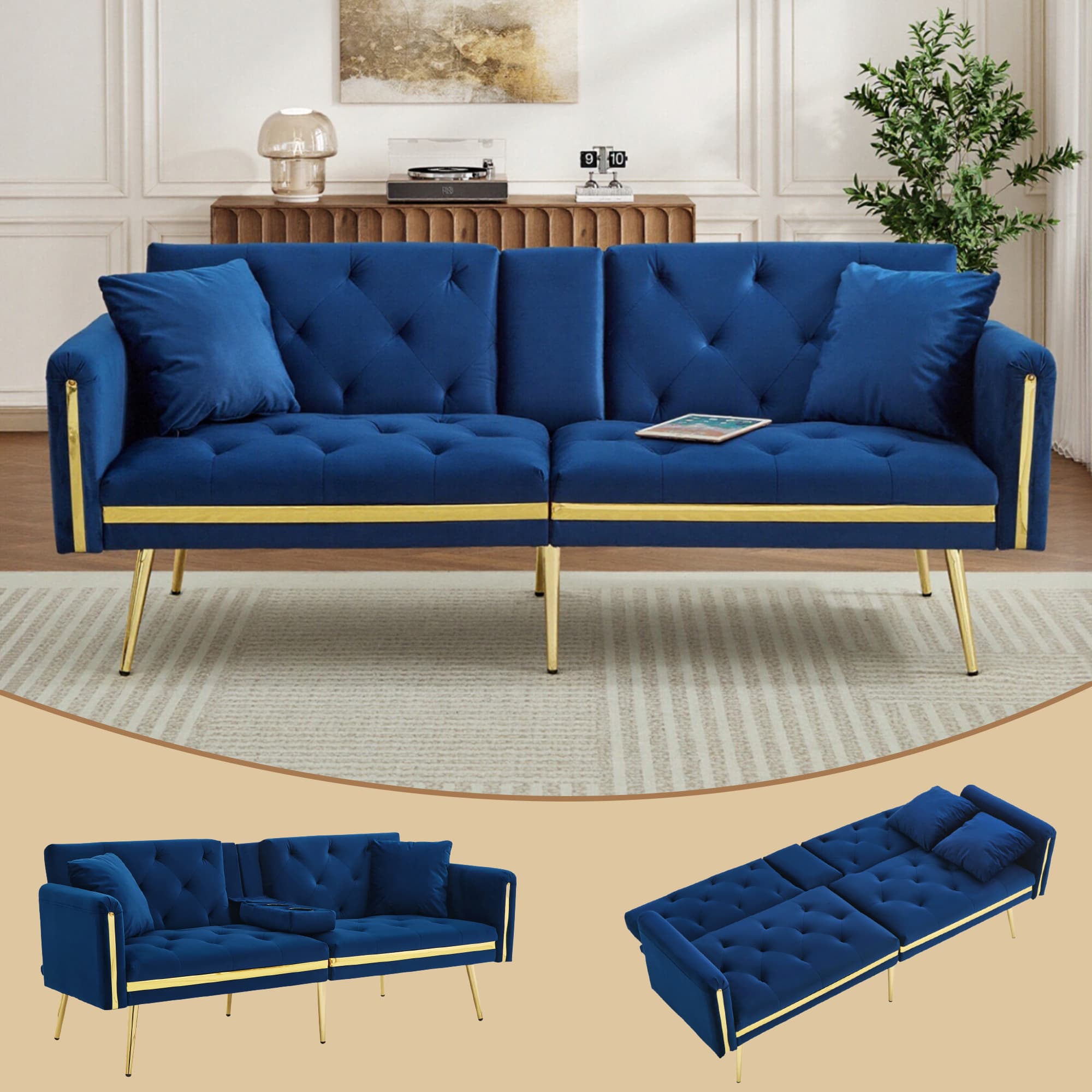 Navy Velvet Sofa Bed That Converts to a Flat Sleeping Surface - image 8