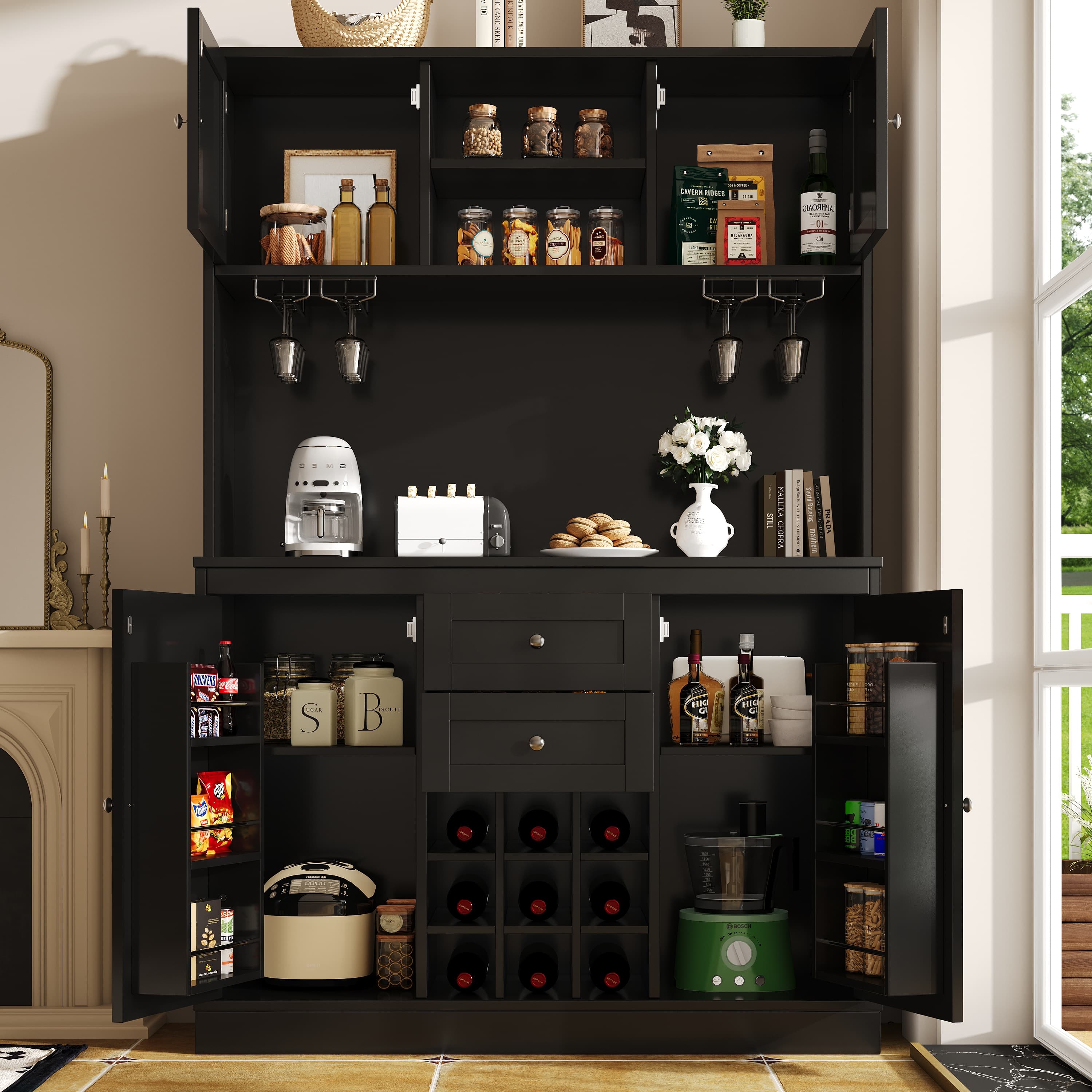 Tall White Kitchen Storage Cabinet with Wine Rack & Drawers - image 2