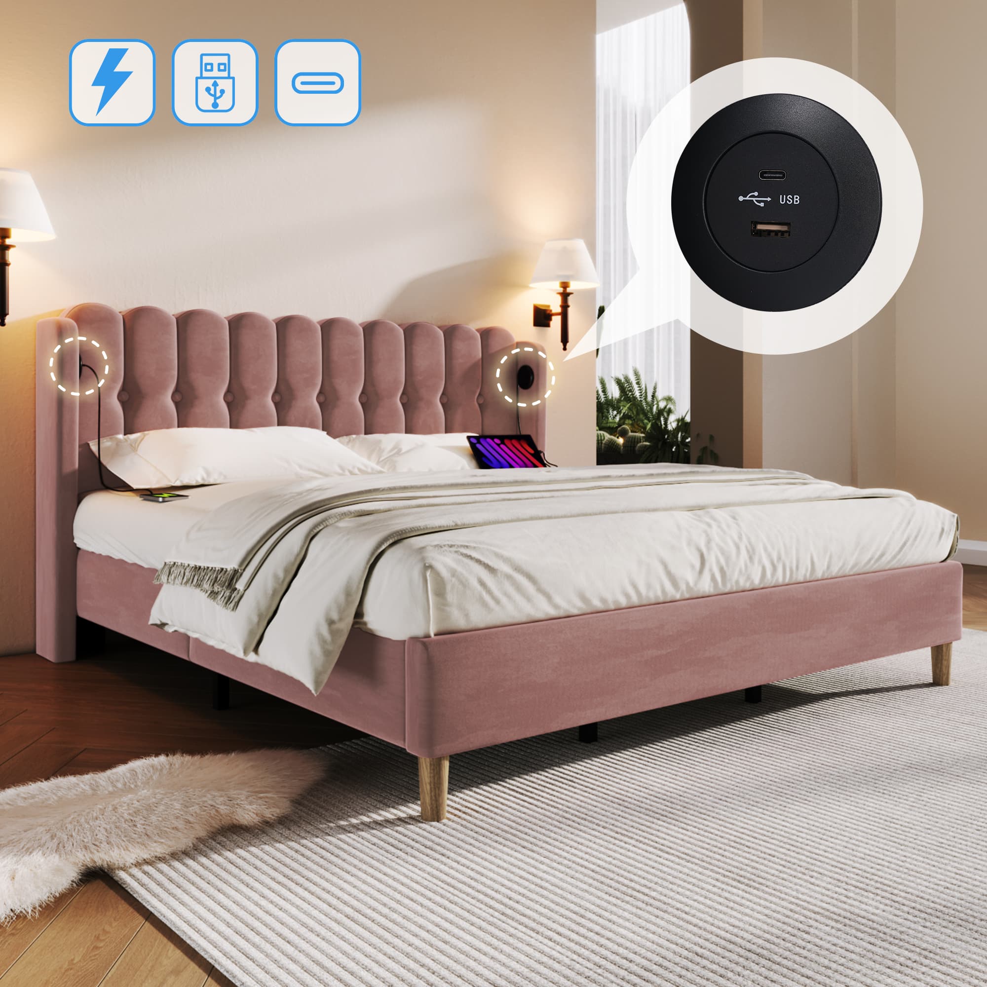 Pink Velvet Double Bed with Built-In USB & Type-C Ports - image 6