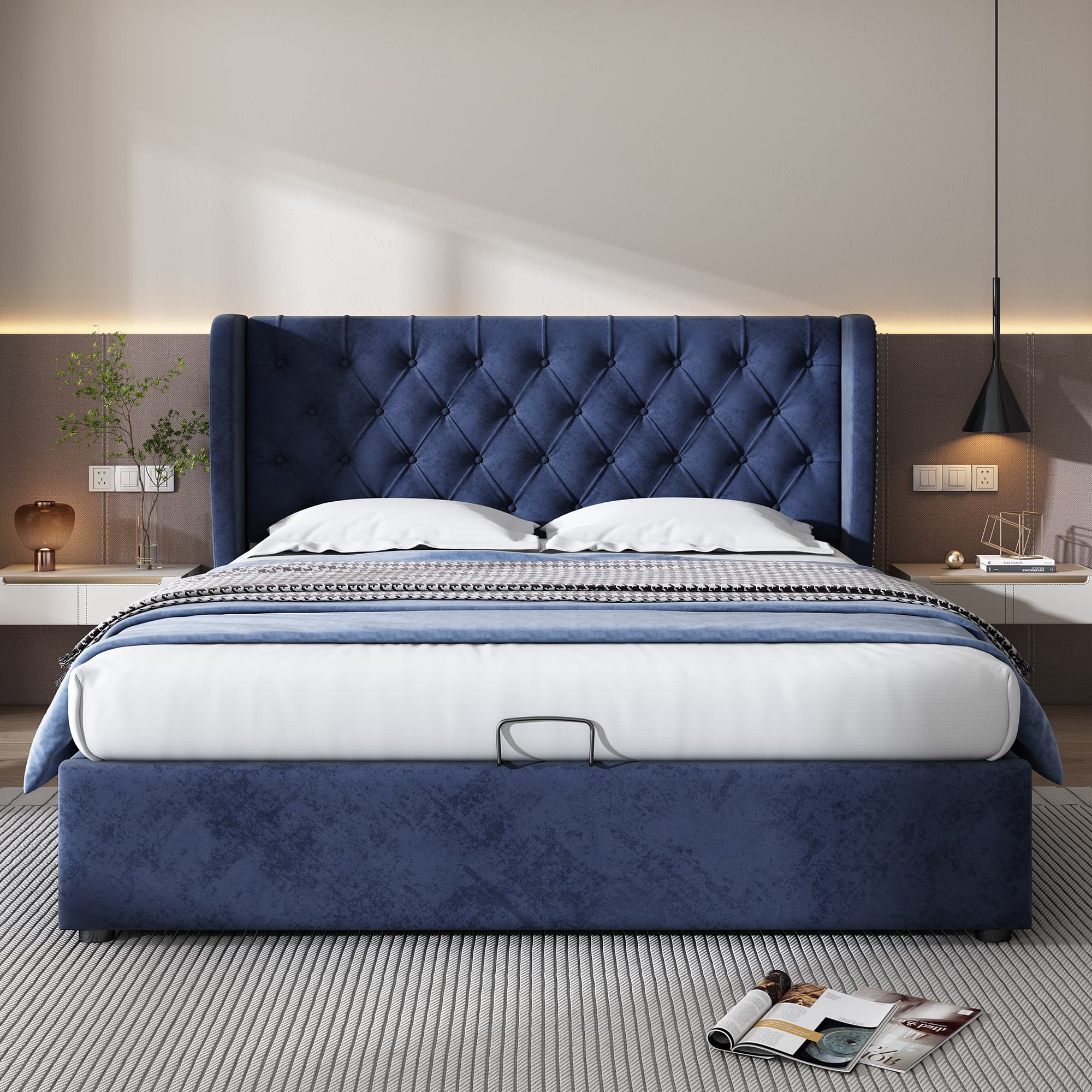Blue Velvet Ottoman Bed with Effortless Hydraulic Storage - image 5