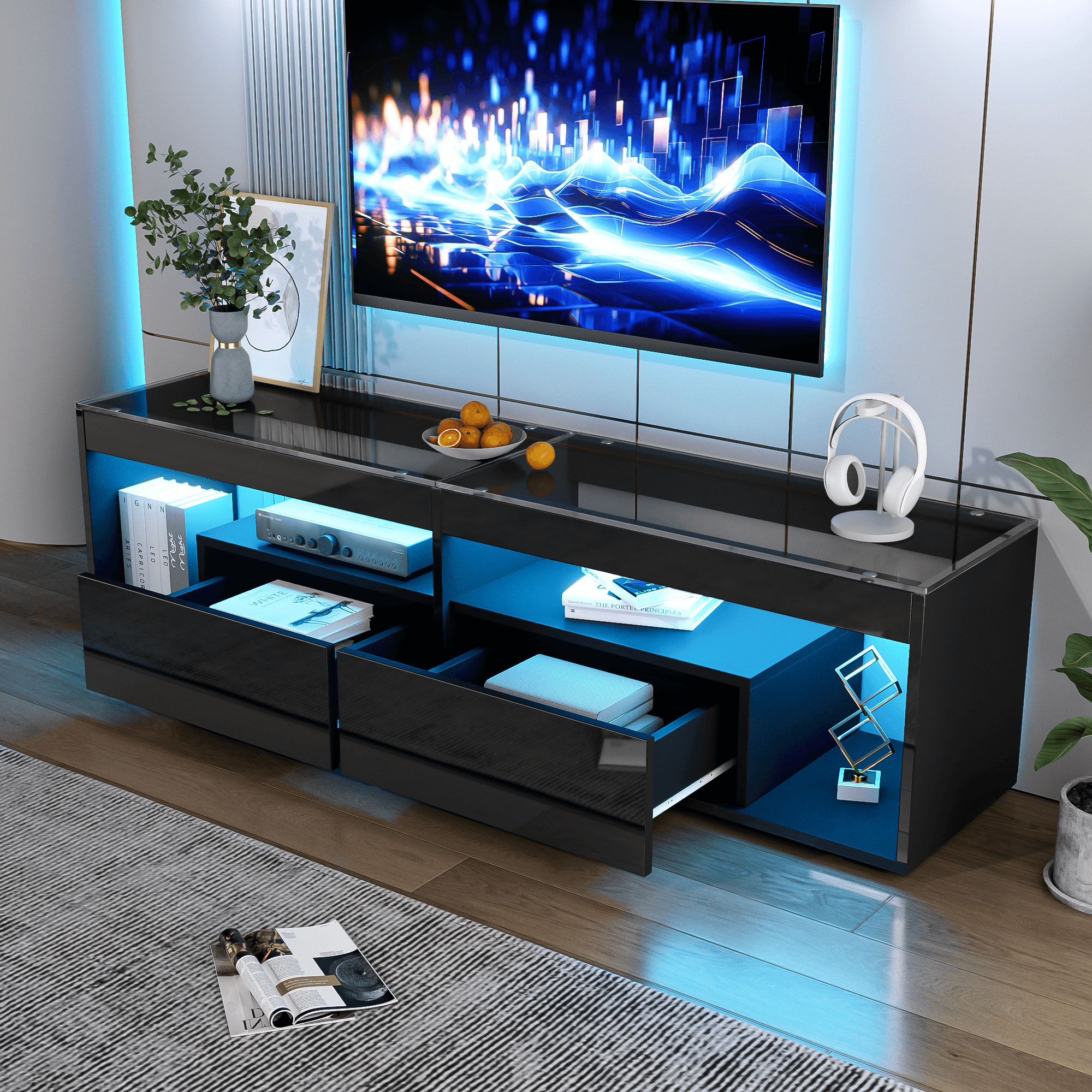 Modern High Gloss TV Cabinet with LEDs & Glass Top - image 5