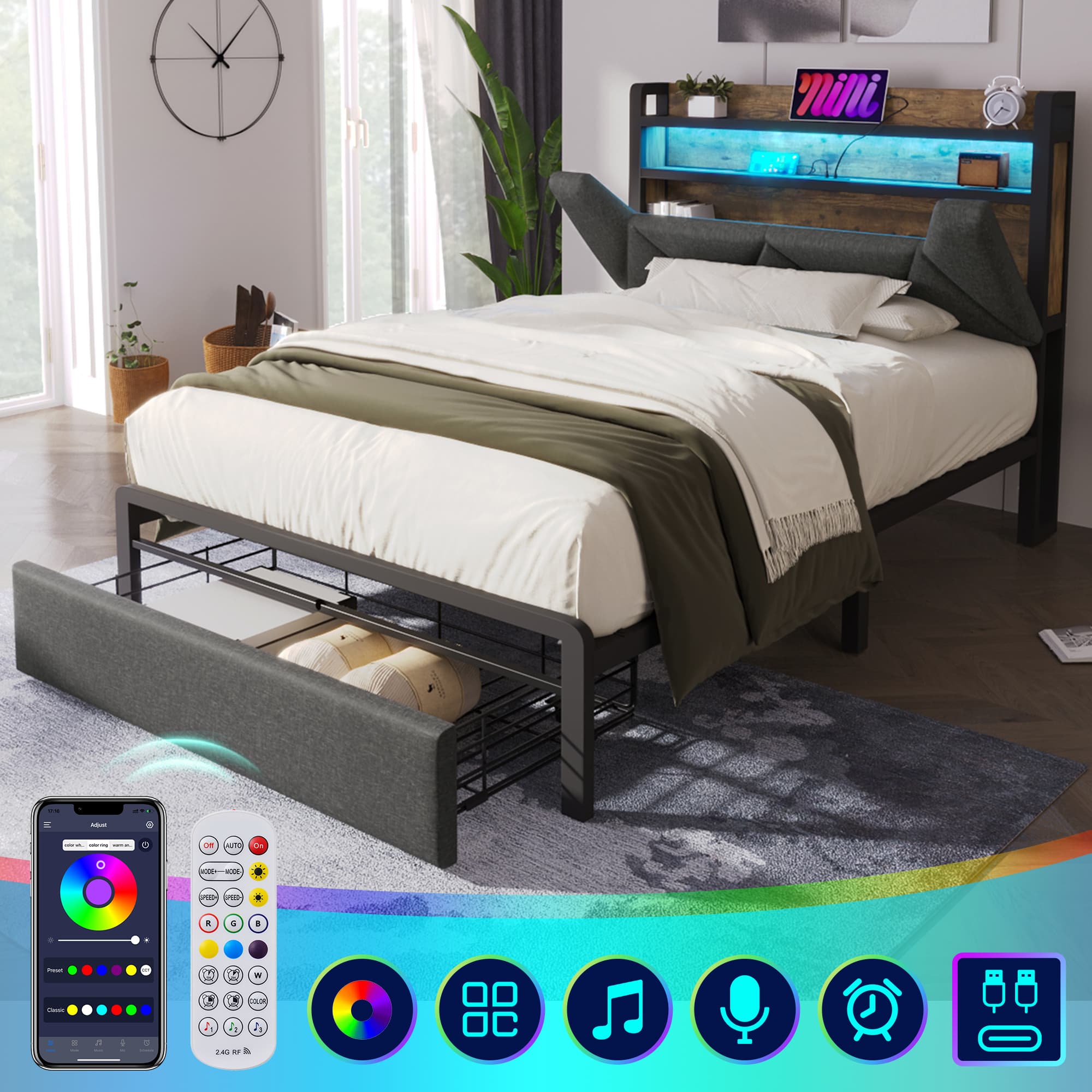 Single Bed with LED Headboard, USB Charging & Storage Drawers – Grey - image 3