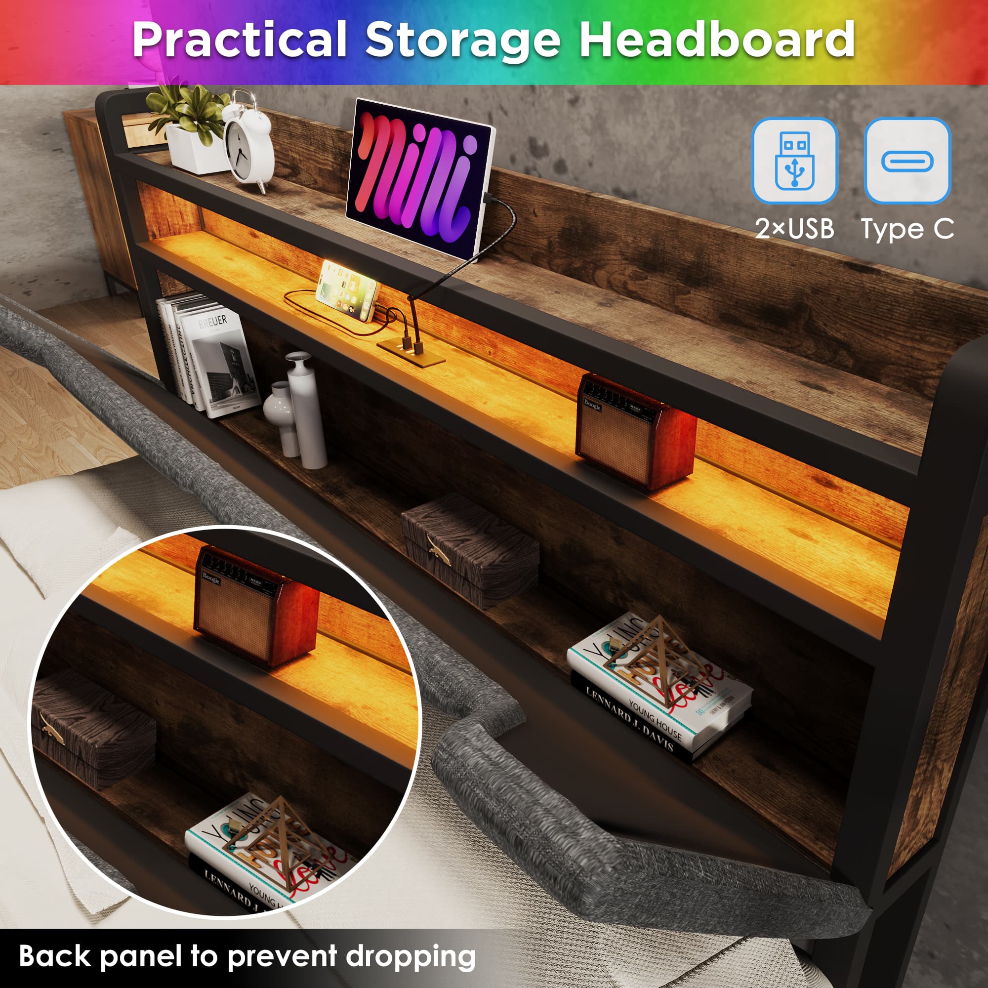 Single Bed with LED Headboard, USB Charging & Storage Drawers – Grey - image 4