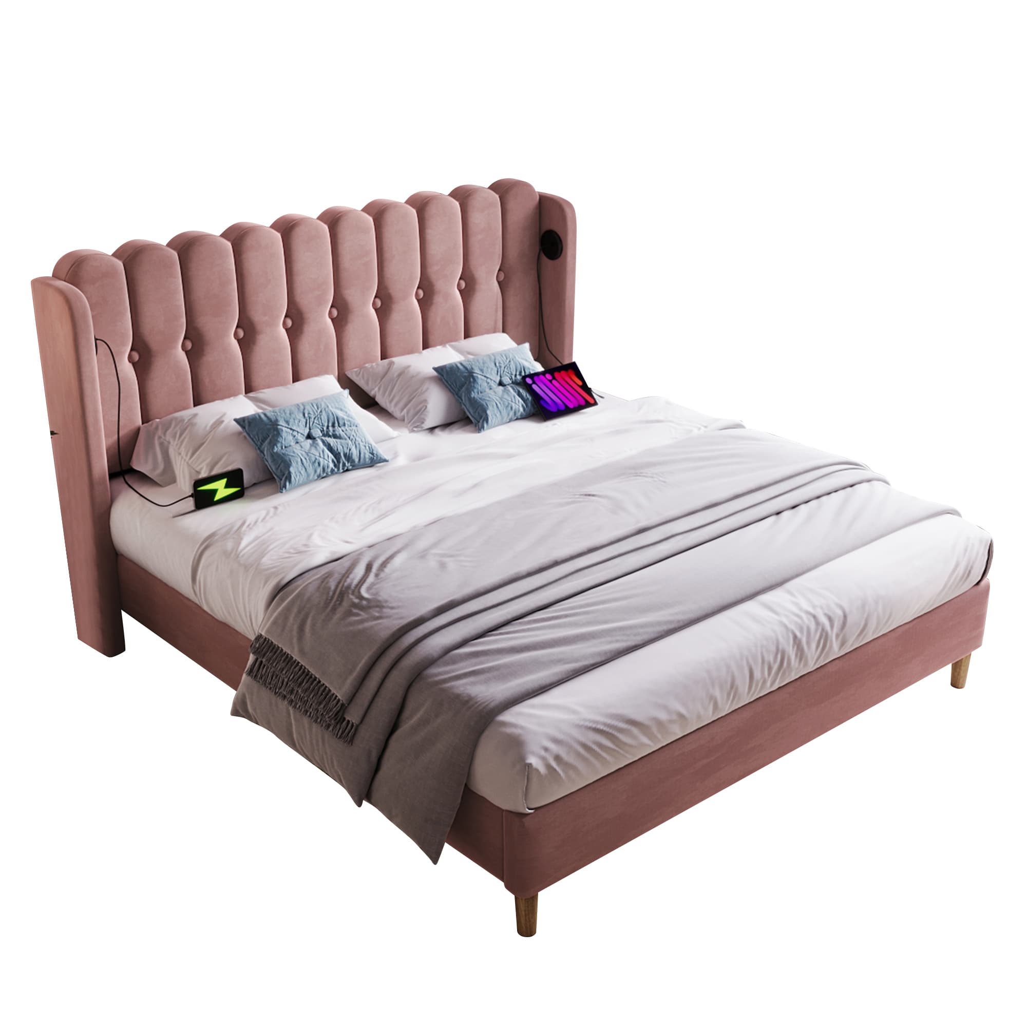 Pink Velvet Double Bed with Built-In USB & Type-C Ports - image 1