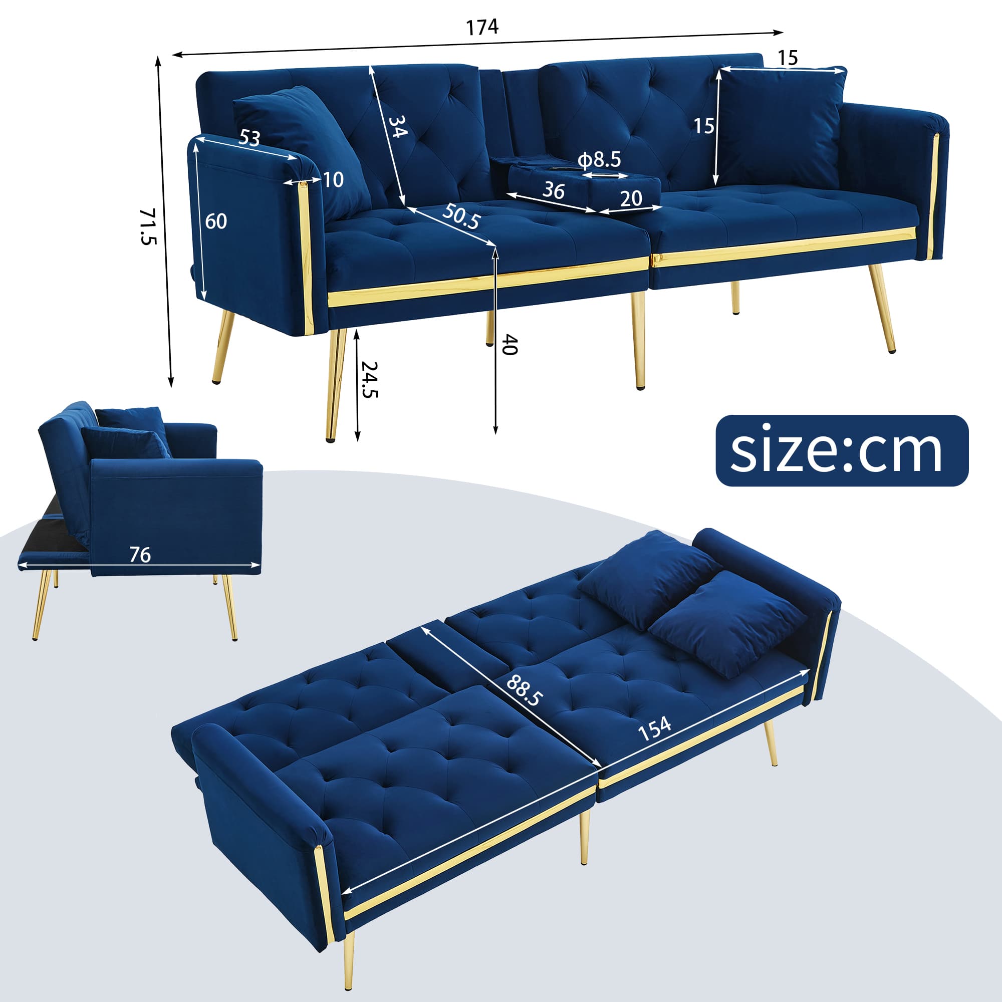 Navy Velvet Sofa Bed That Converts to a Flat Sleeping Surface - image 12