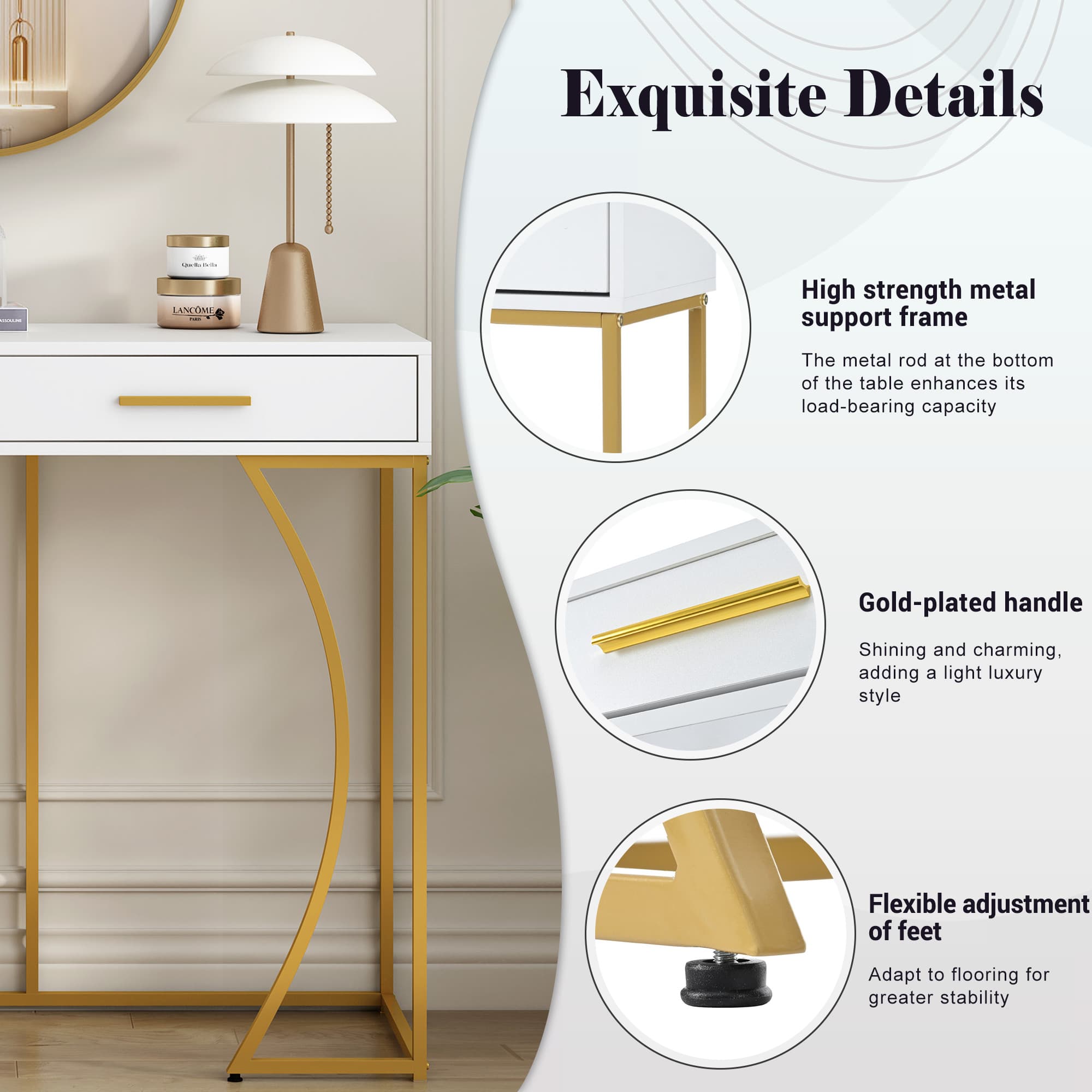 Stylish White & Gold Hallway Table with 2 Storage Drawers - image 1