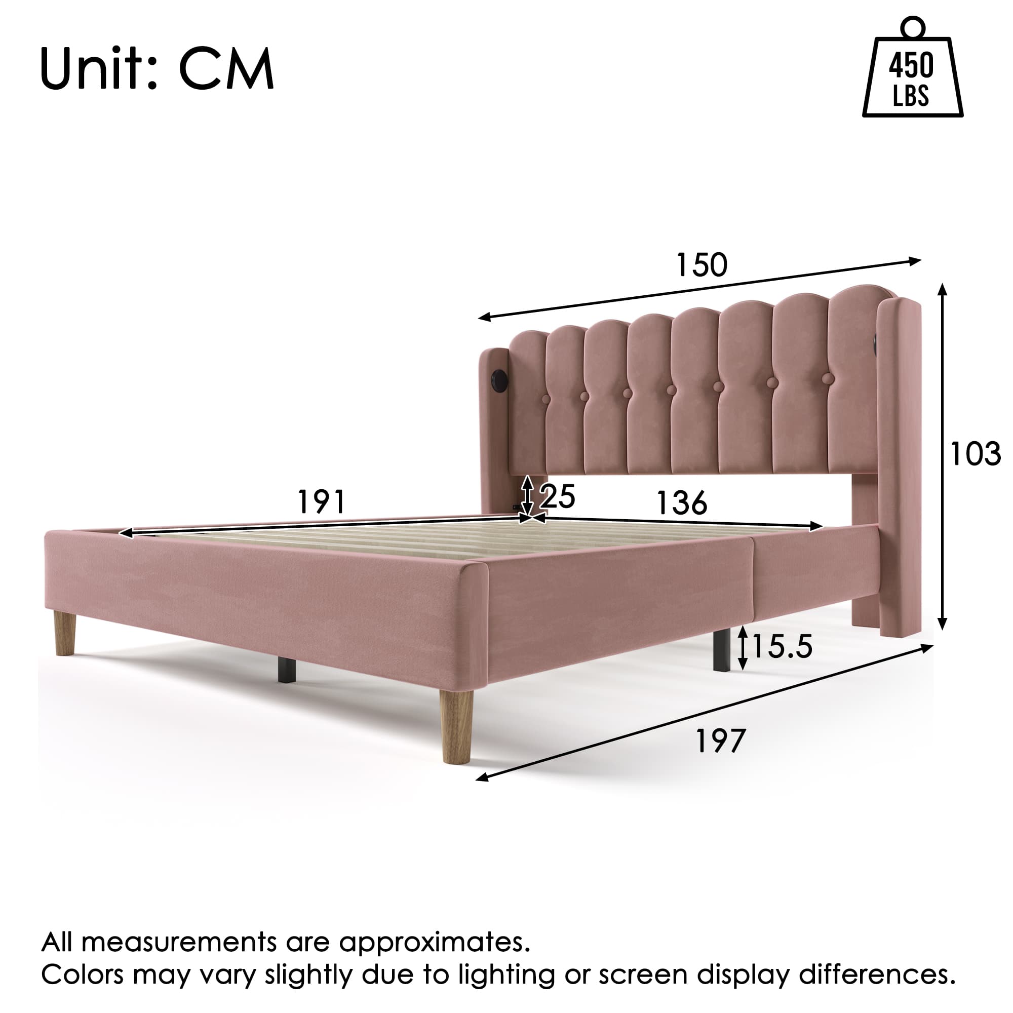 Pink Velvet Double Bed with Built-In USB & Type-C Ports - image 3