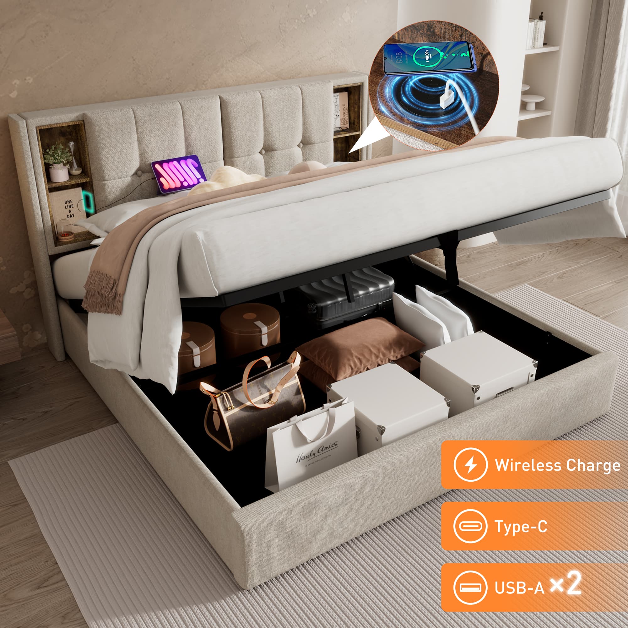 Smart King Size Bed with Hydraulic Storage & USB-C Charging - image 5