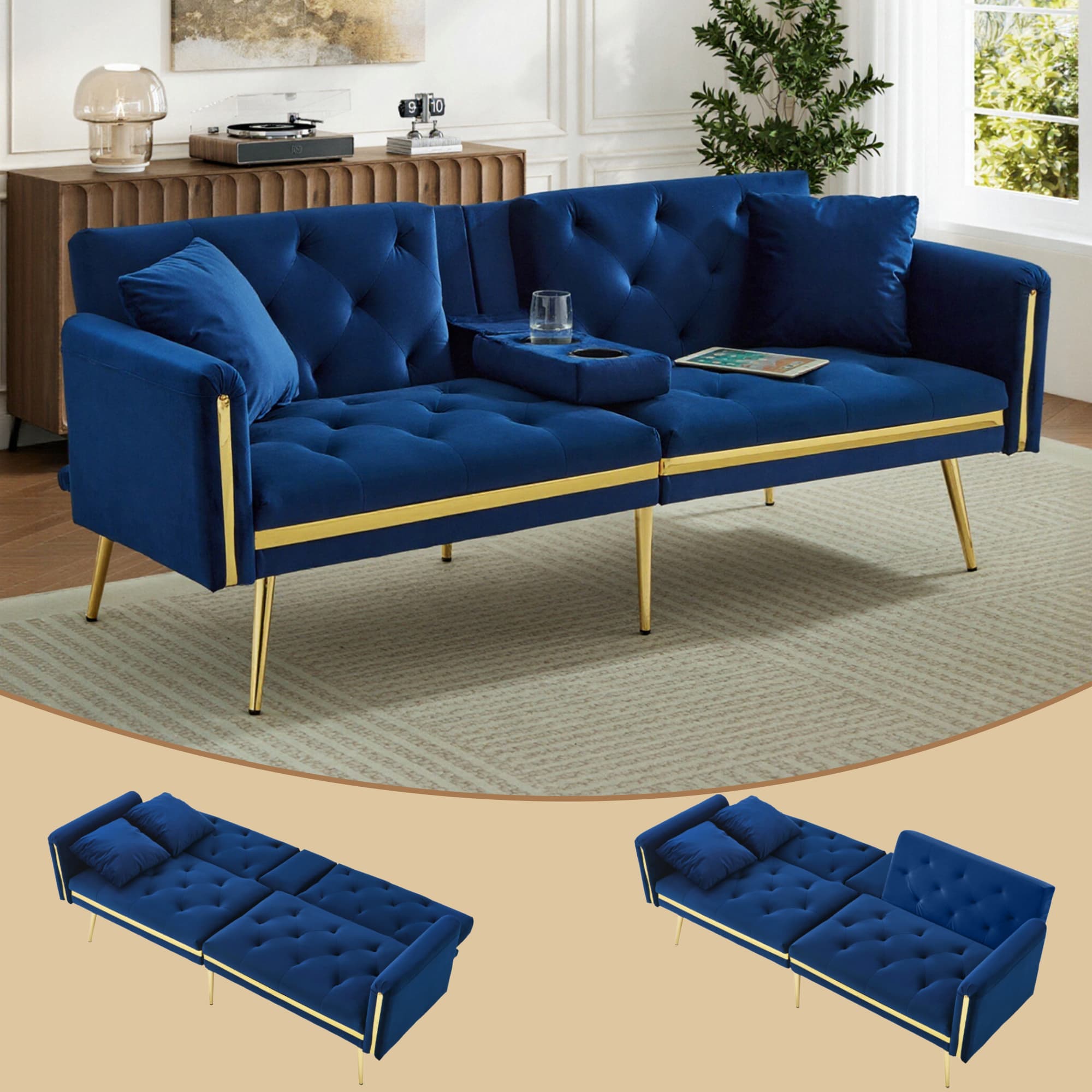 Navy Velvet Sofa Bed That Converts to a Flat Sleeping Surface - image 10