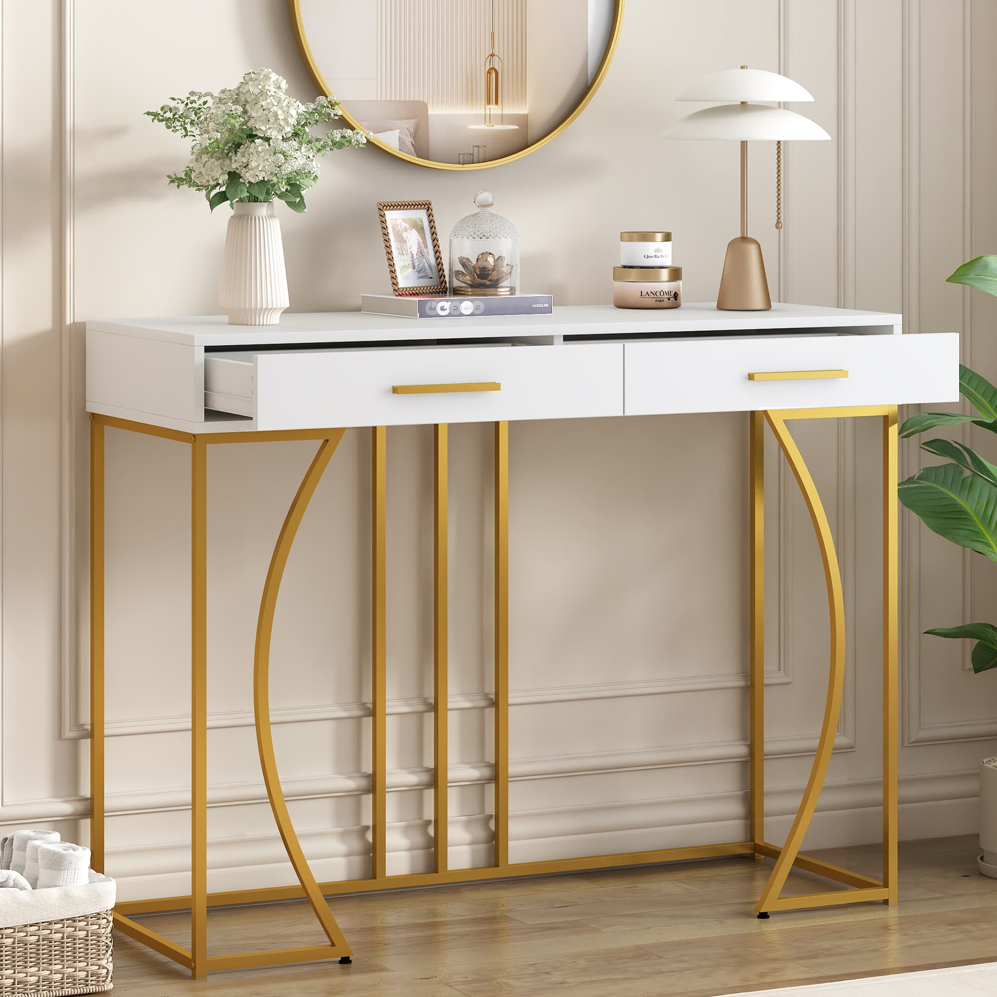Stylish White & Gold Hallway Table with 2 Storage Drawers - image 5