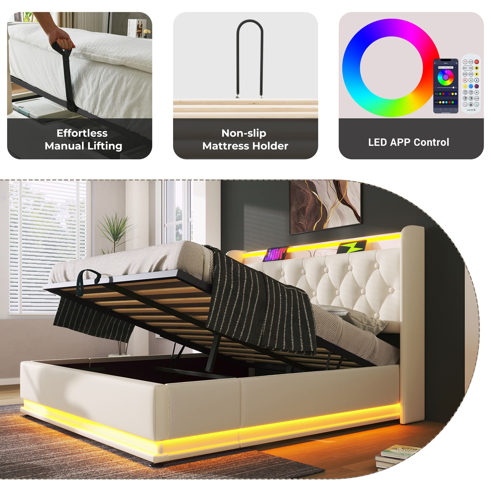 Smart Ottoman Bed with 360° LEDs, Charging & Storage - image 1