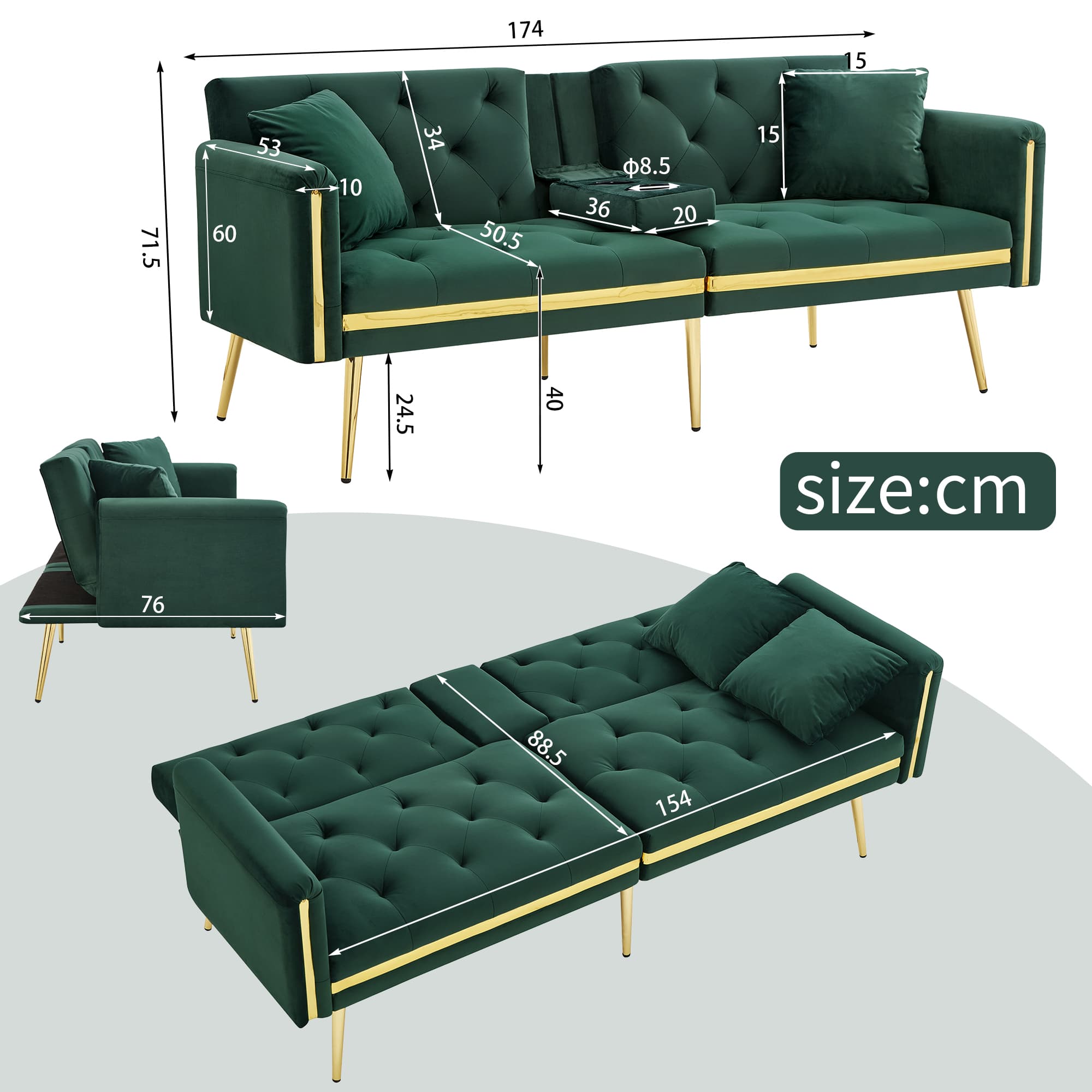Green Velvet 2 Seater Sofa Bed with Built-In Cup Holders - image 1