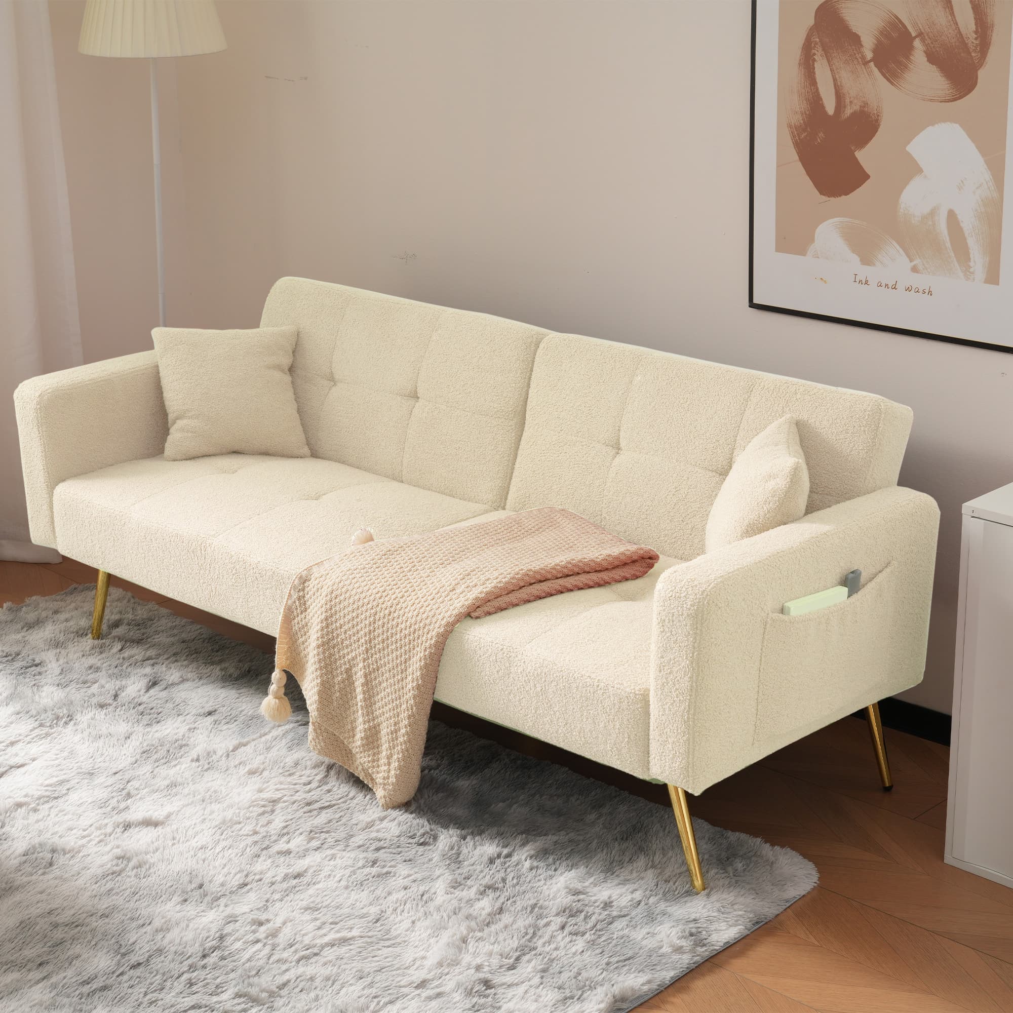 Stylish Sherpa Sofa Bed with Adjustable Back & Gold Legs - image 4