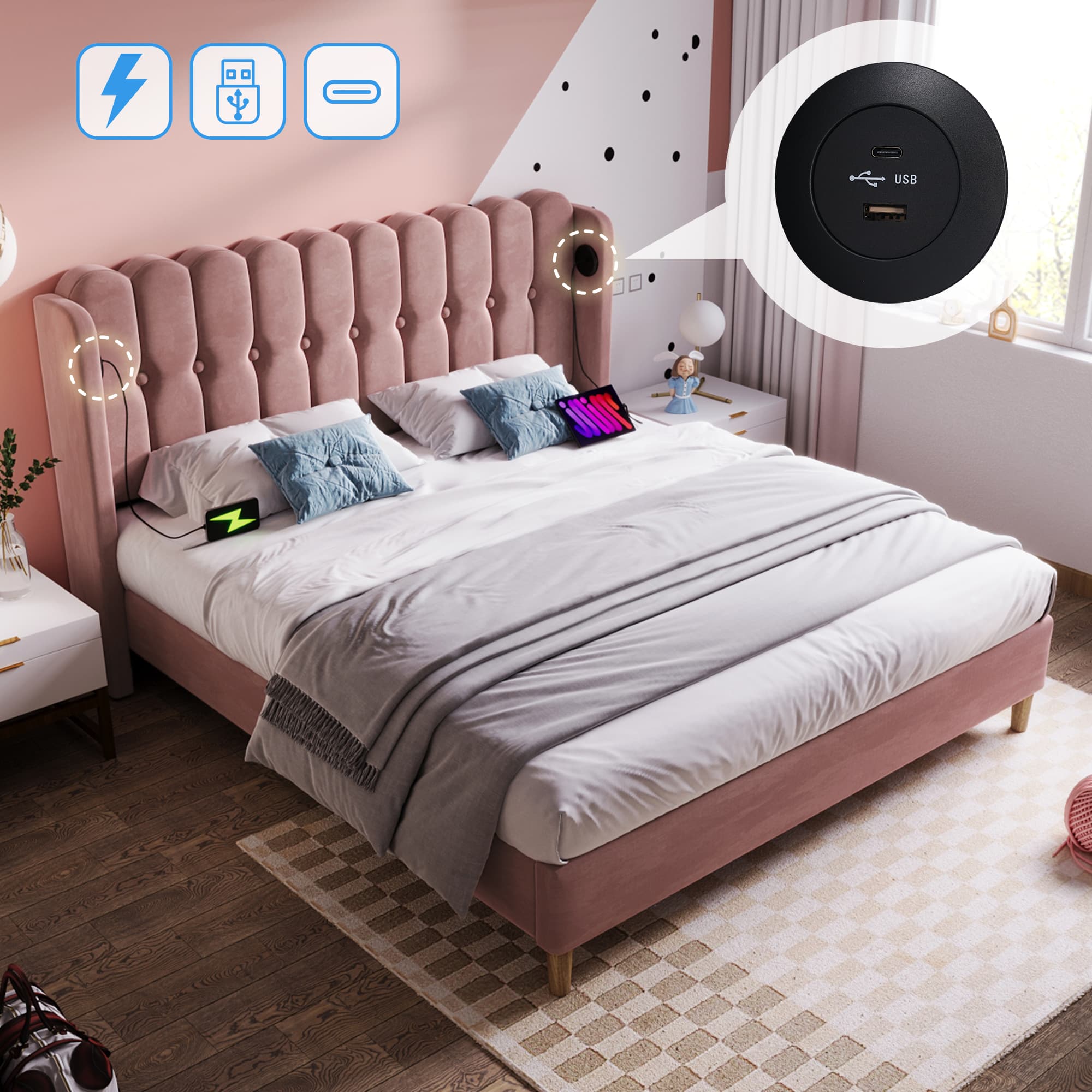 Pink Velvet Double Bed with Built-In USB & Type-C Ports