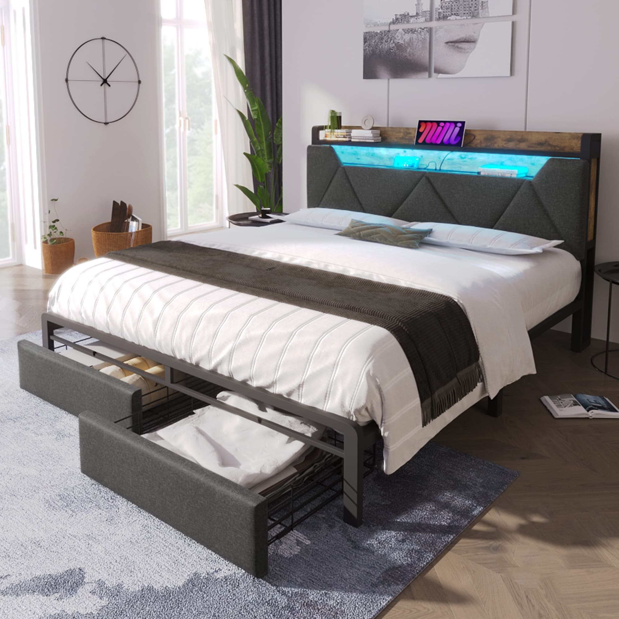 Upgrade Your Sleep with this Smart LED Storage Double Bed - Grey