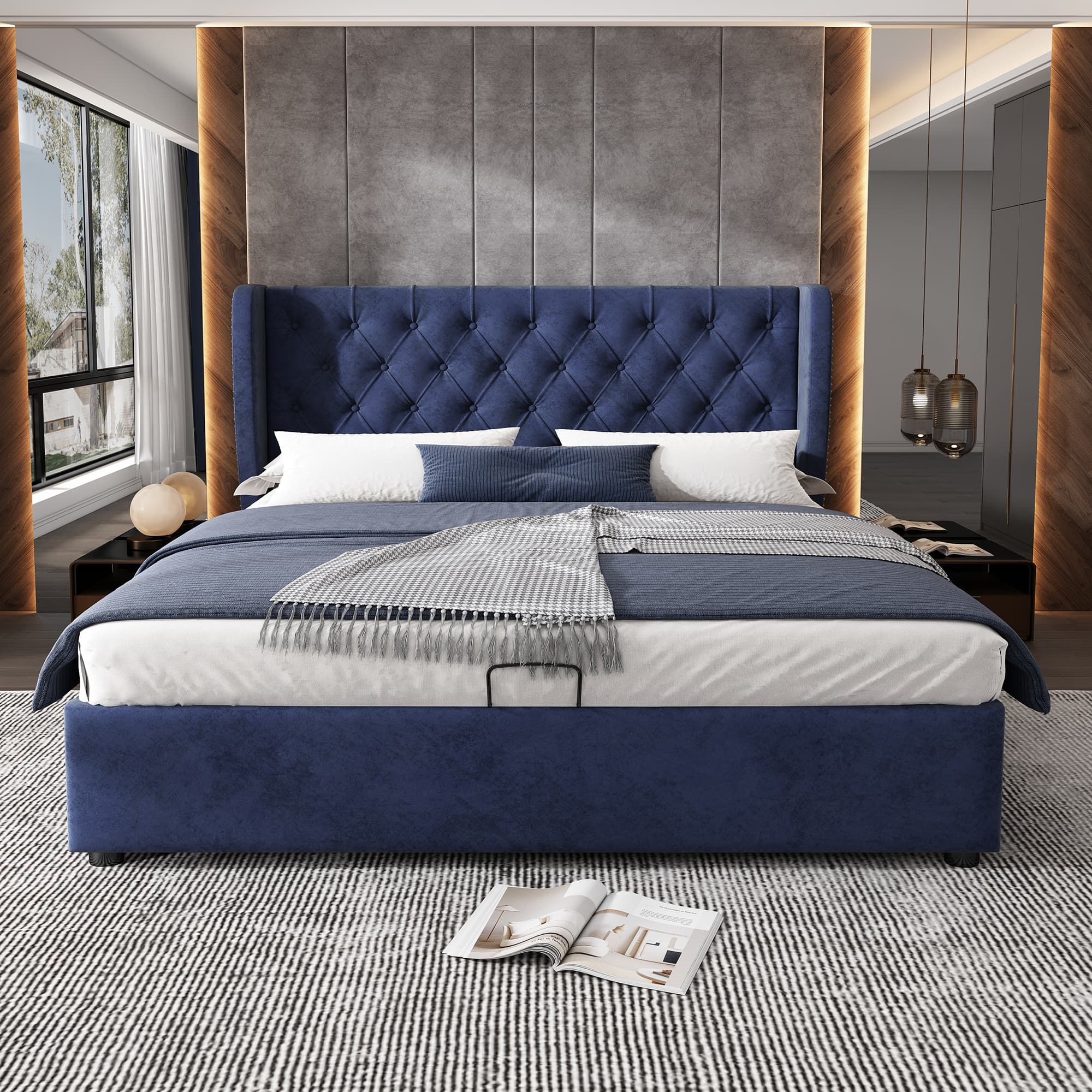 Blue Velvet Ottoman Bed with Effortless Hydraulic Storage - image 1
