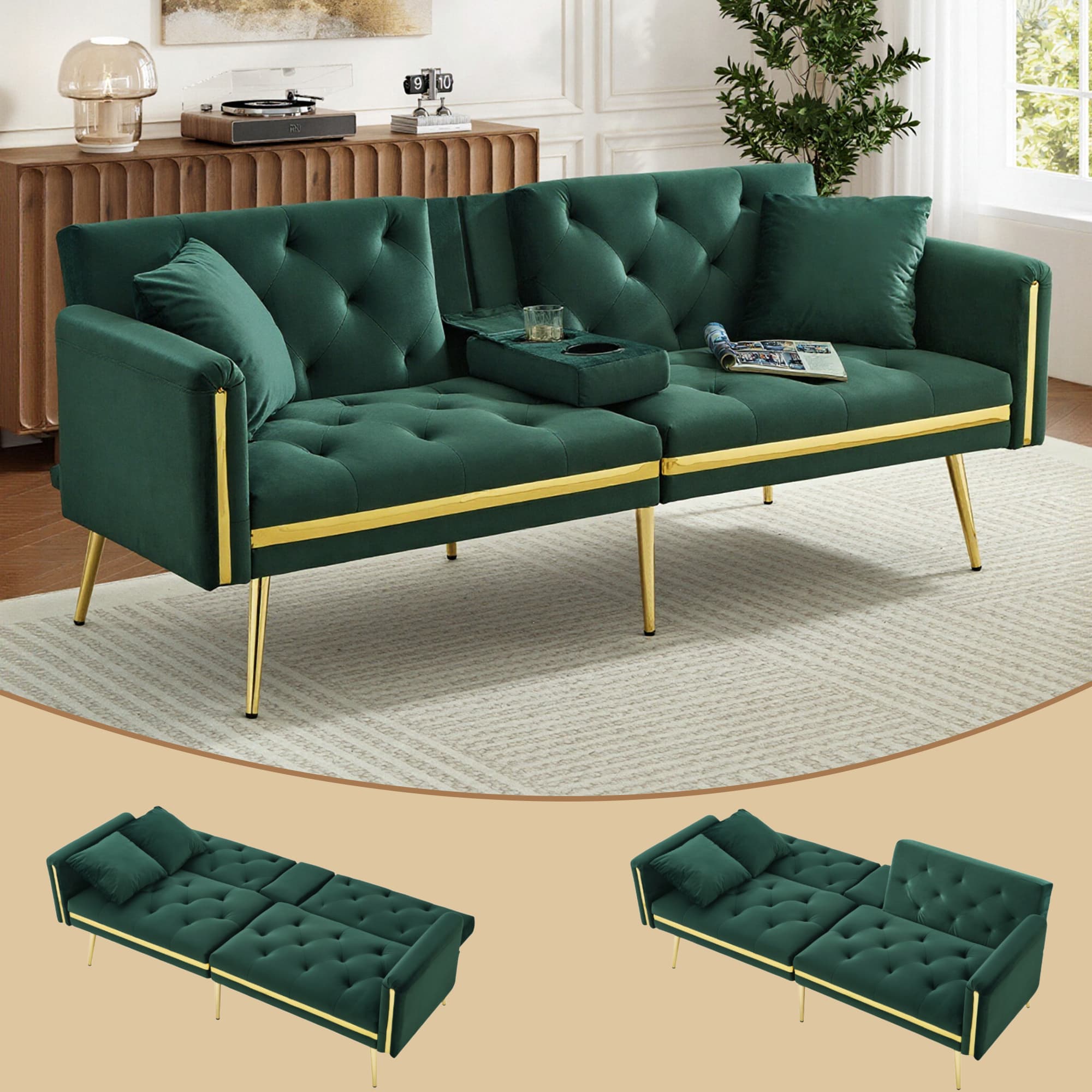 Green Velvet 2 Seater Sofa Bed with Built-In Cup Holders