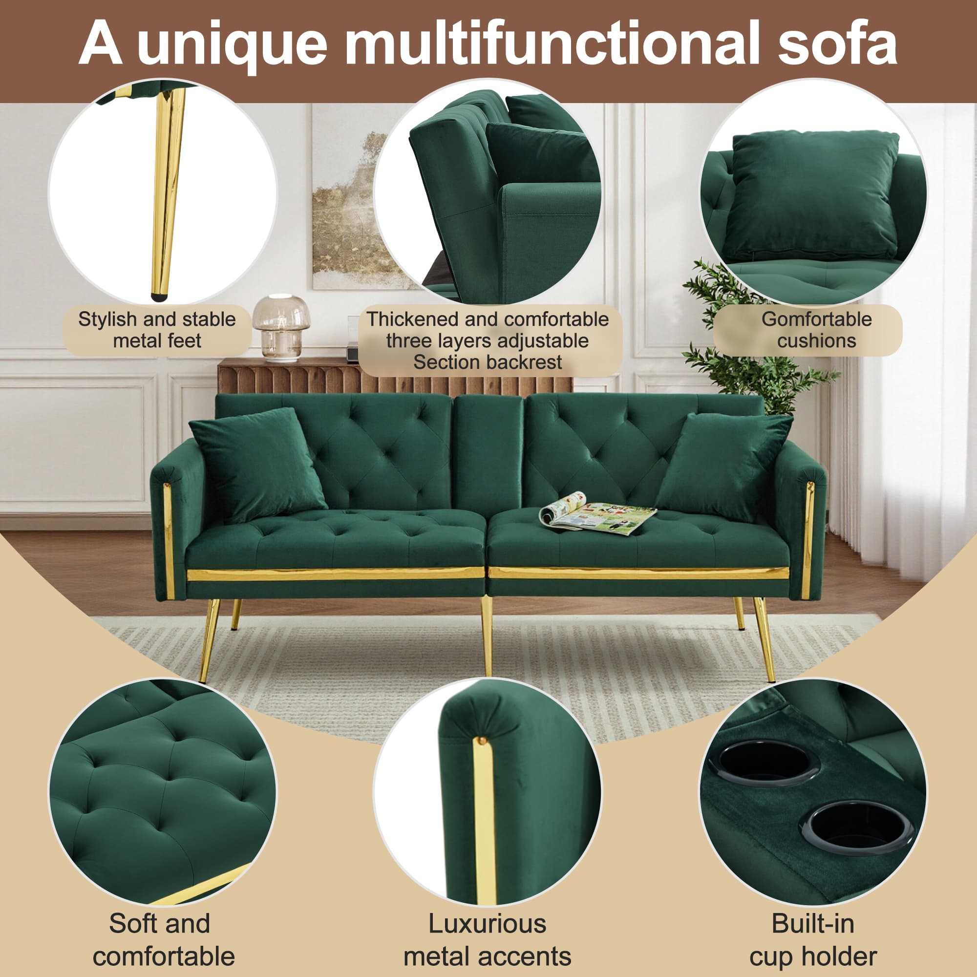 Green Velvet 2 Seater Sofa Bed with Built-In Cup Holders - image 2