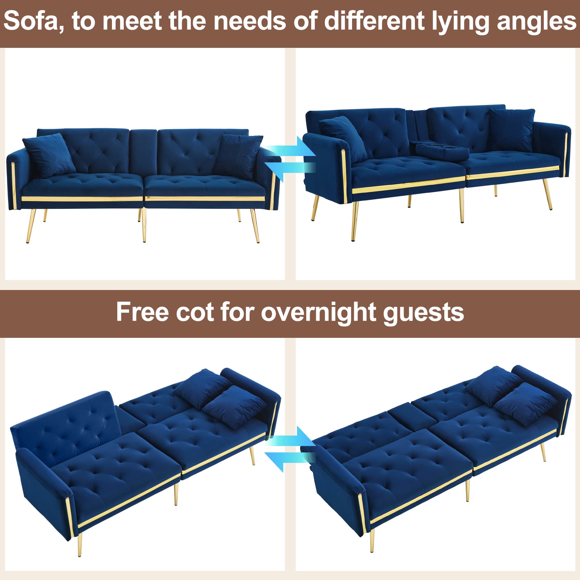 Navy Velvet Sofa Bed That Converts to a Flat Sleeping Surface - image 9