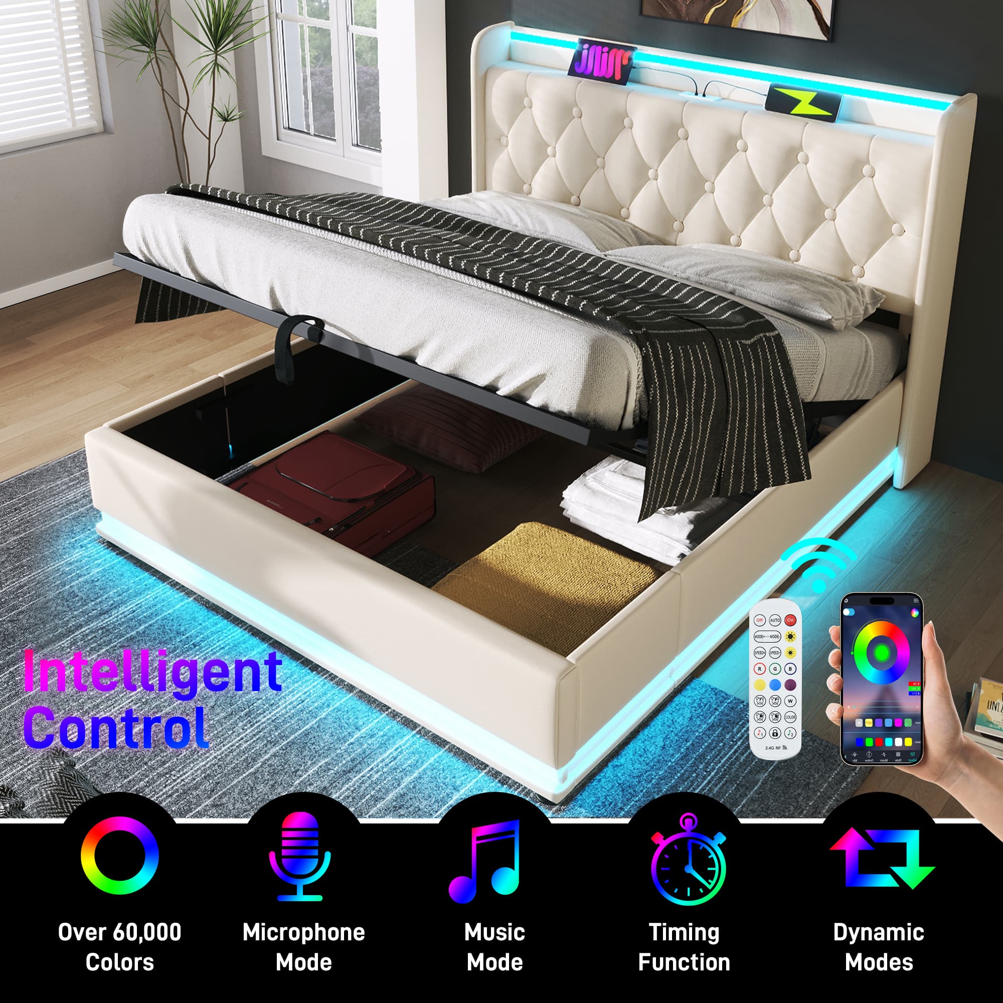Smart Ottoman Bed with 360° LEDs, Charging & Storage - image 3