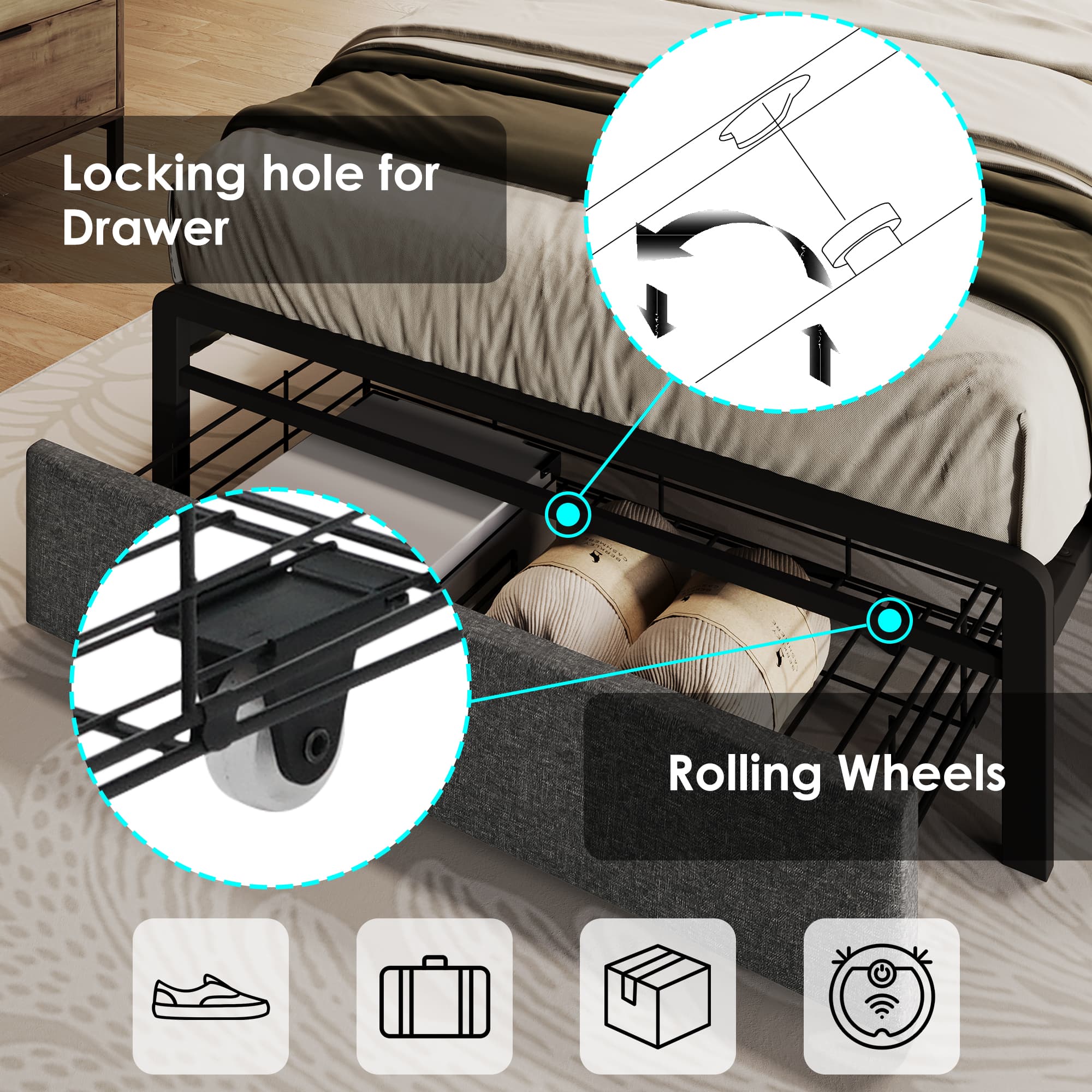 Single Bed with LED Headboard, USB Charging & Storage Drawers – Grey - image 2