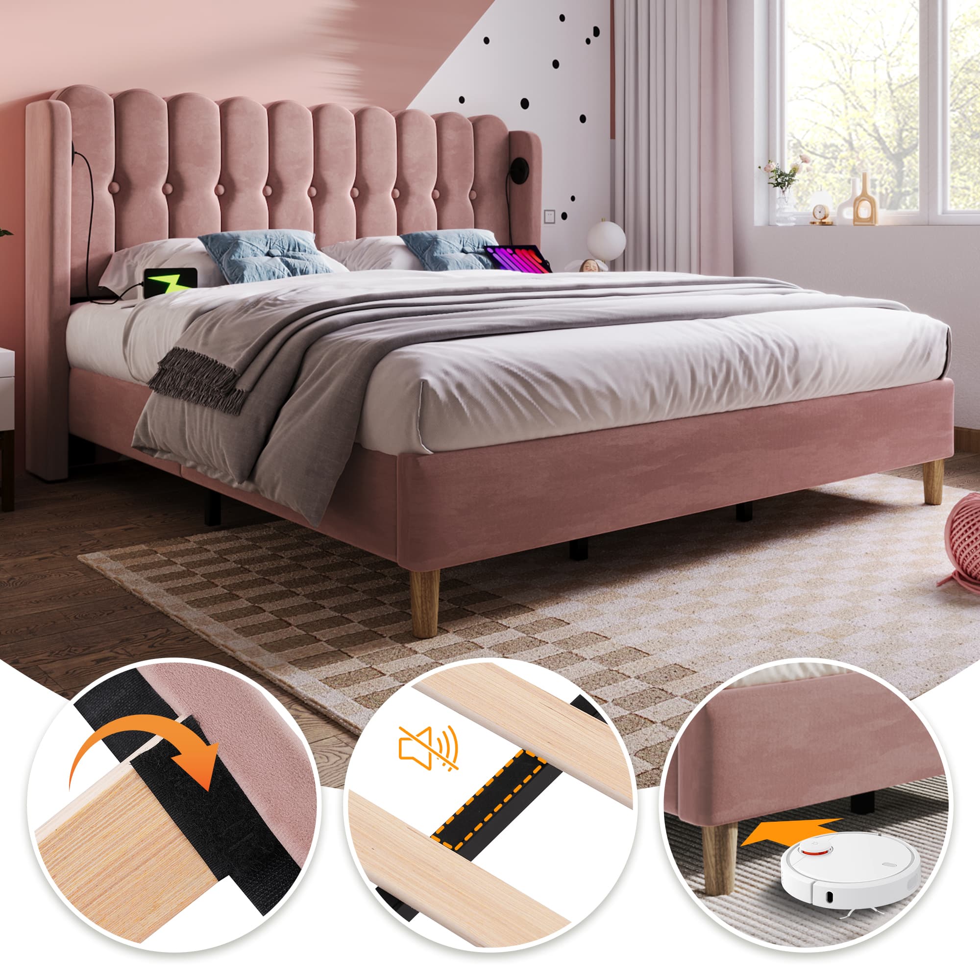 Pink Velvet Double Bed with Built-In USB & Type-C Ports - image 2