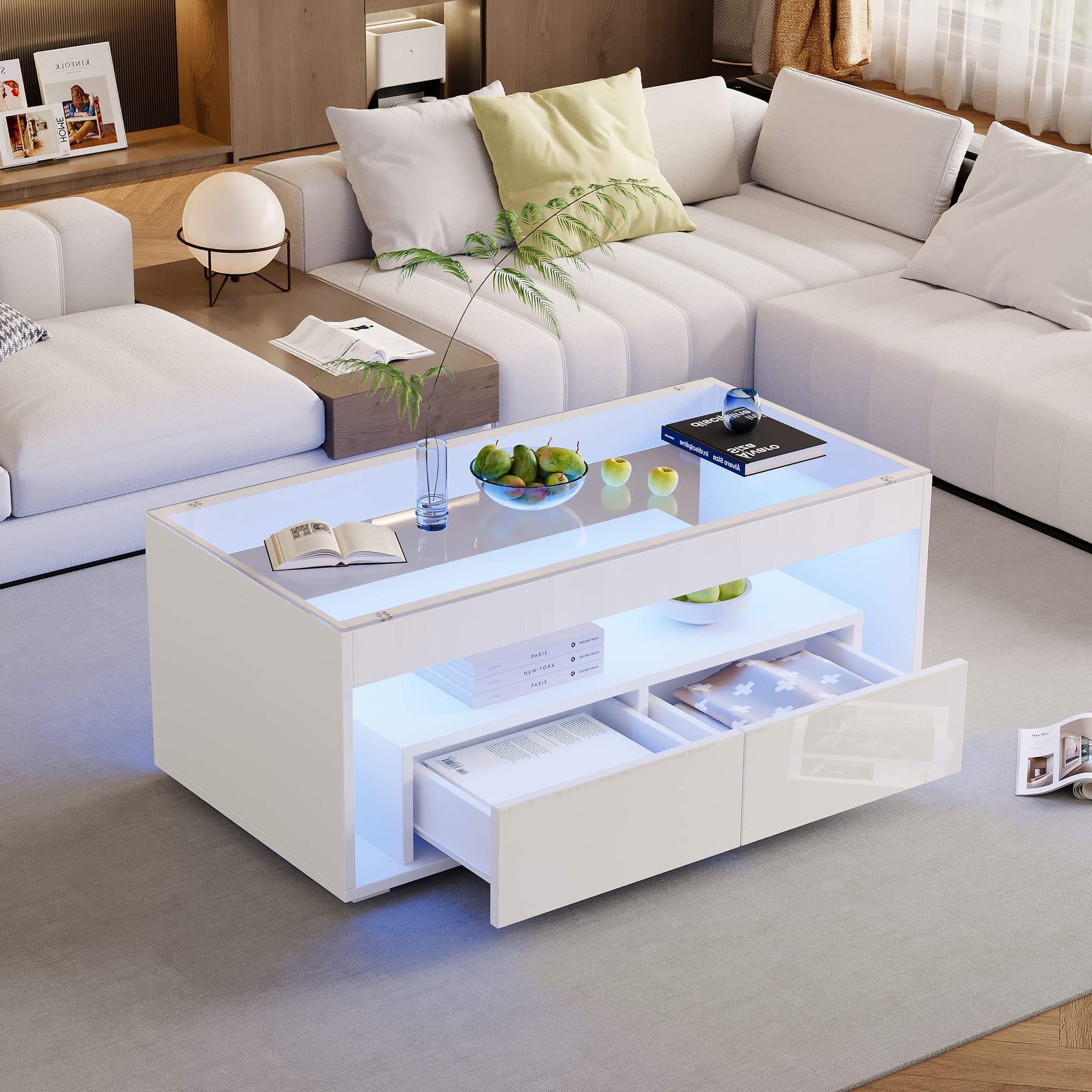Modern White Coffee Table with App-Controlled LED Lights - image 4