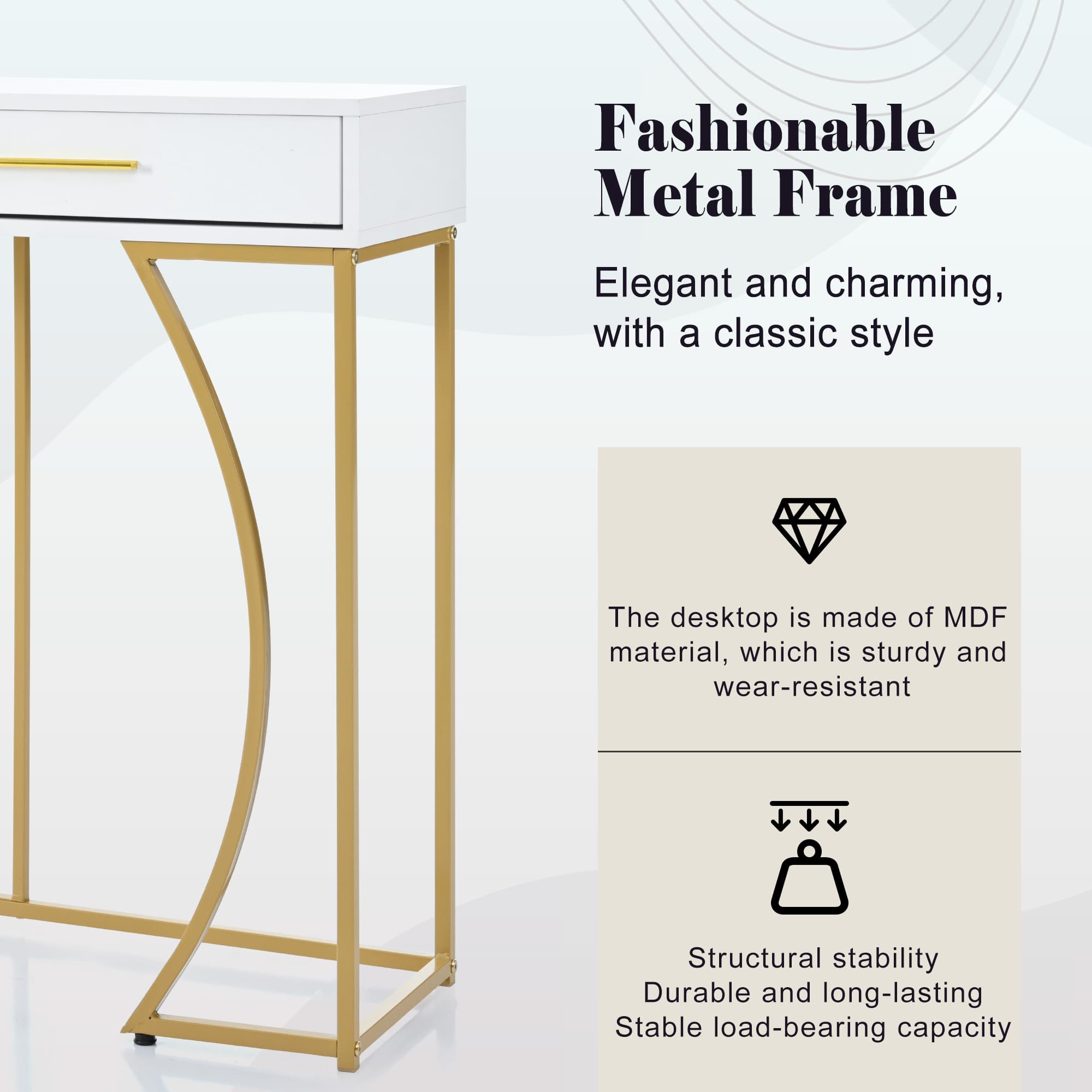 Stylish White & Gold Hallway Table with 2 Storage Drawers - image 2