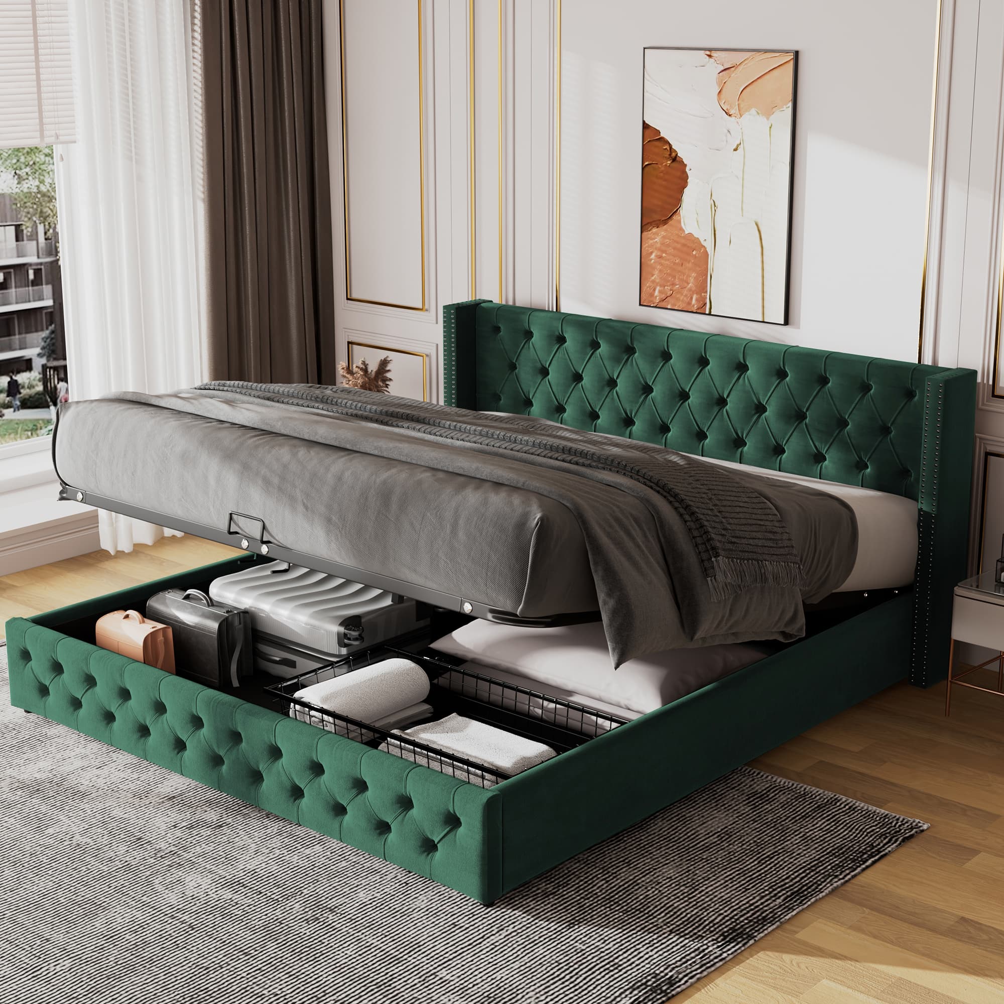 The Elegant Green Velvet Bed with Effortless Storage
