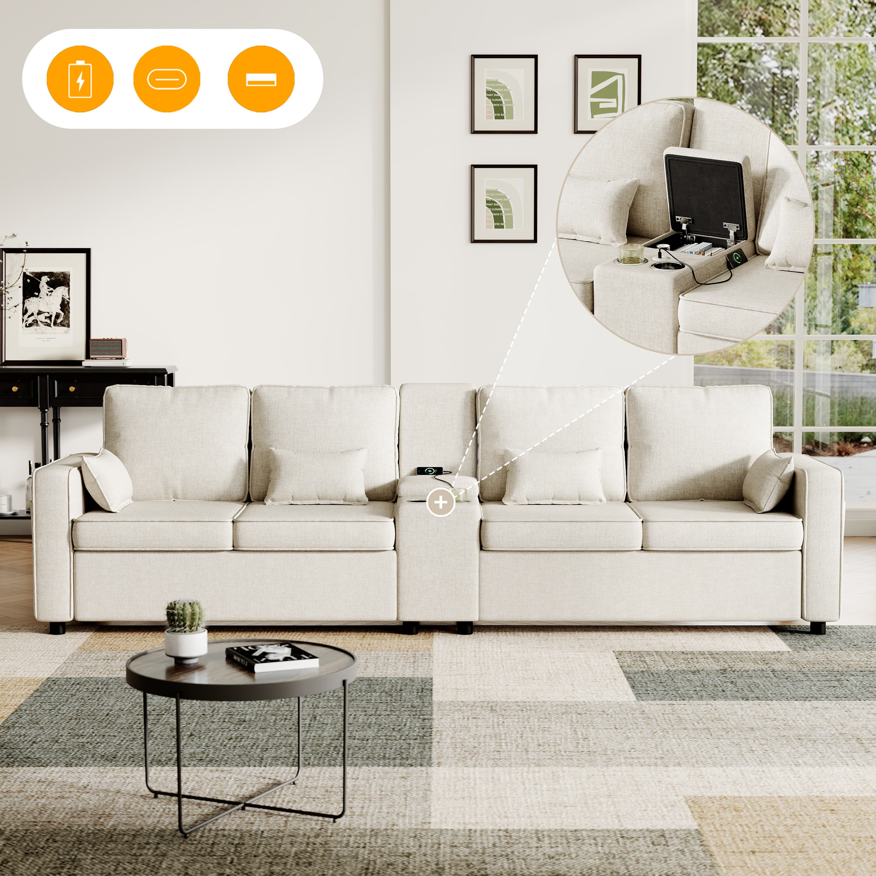 Modern 4-Seater Sofa: Smart Storage & Effortless Charging