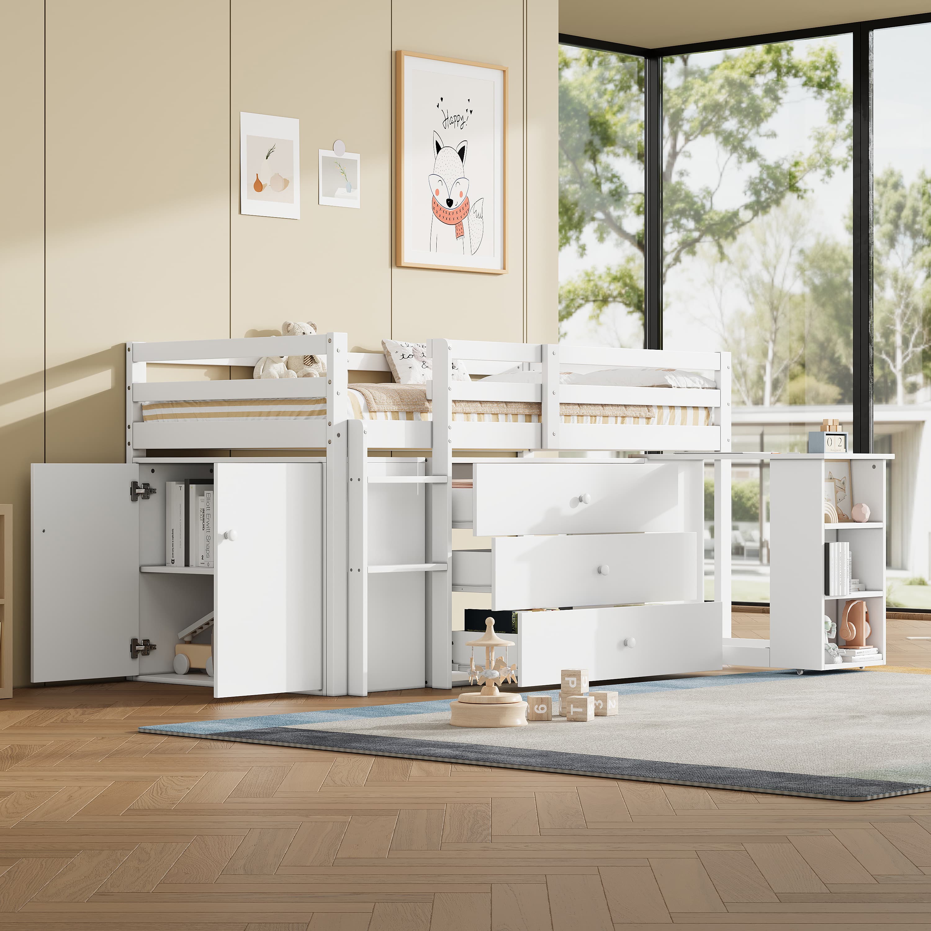 Modern Mid Sleeper Cabin Bed with Desk, Wardrobe & Shelves