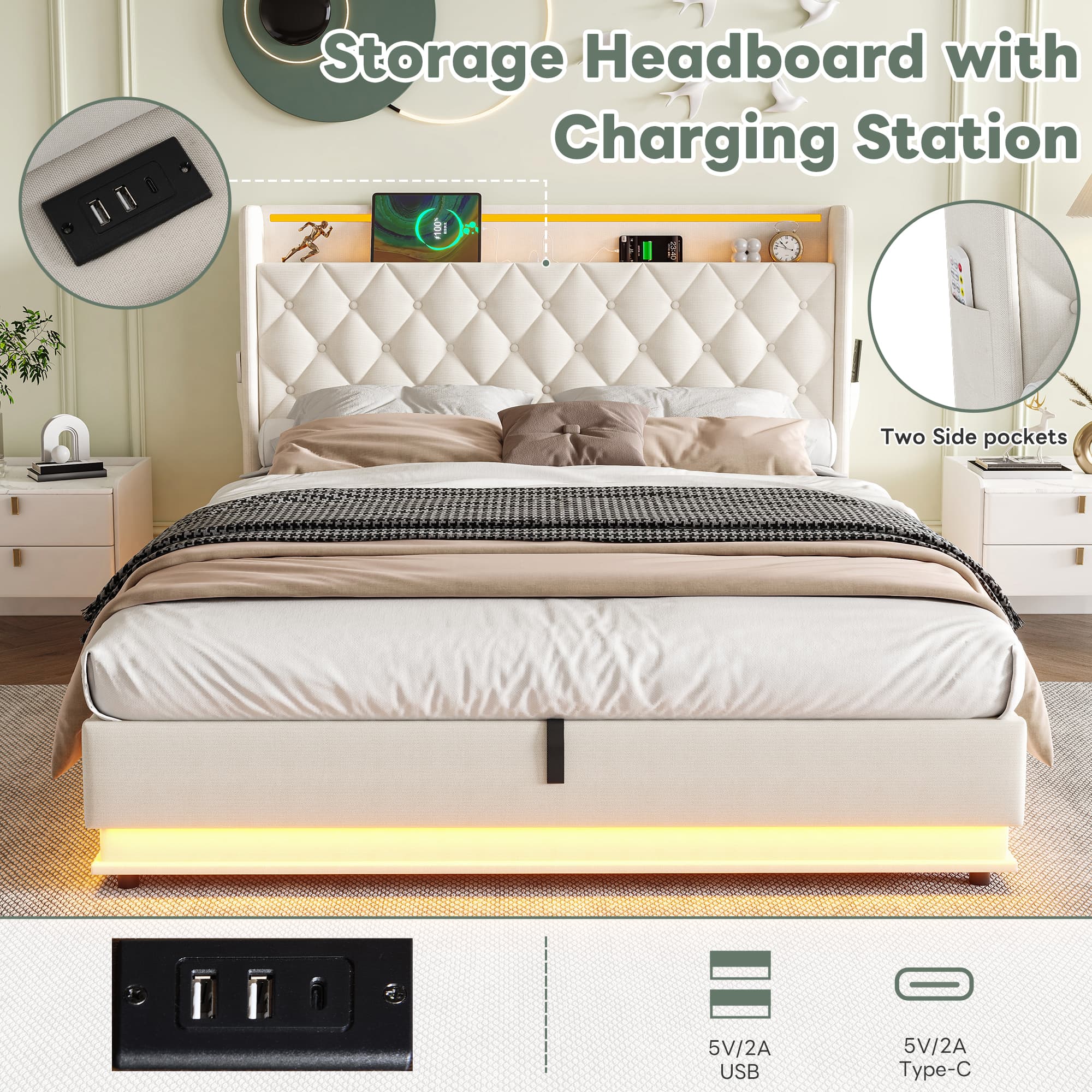 Upholstered King Size Ottoman Bed with LED Headboard & USB Charging Station - image 1